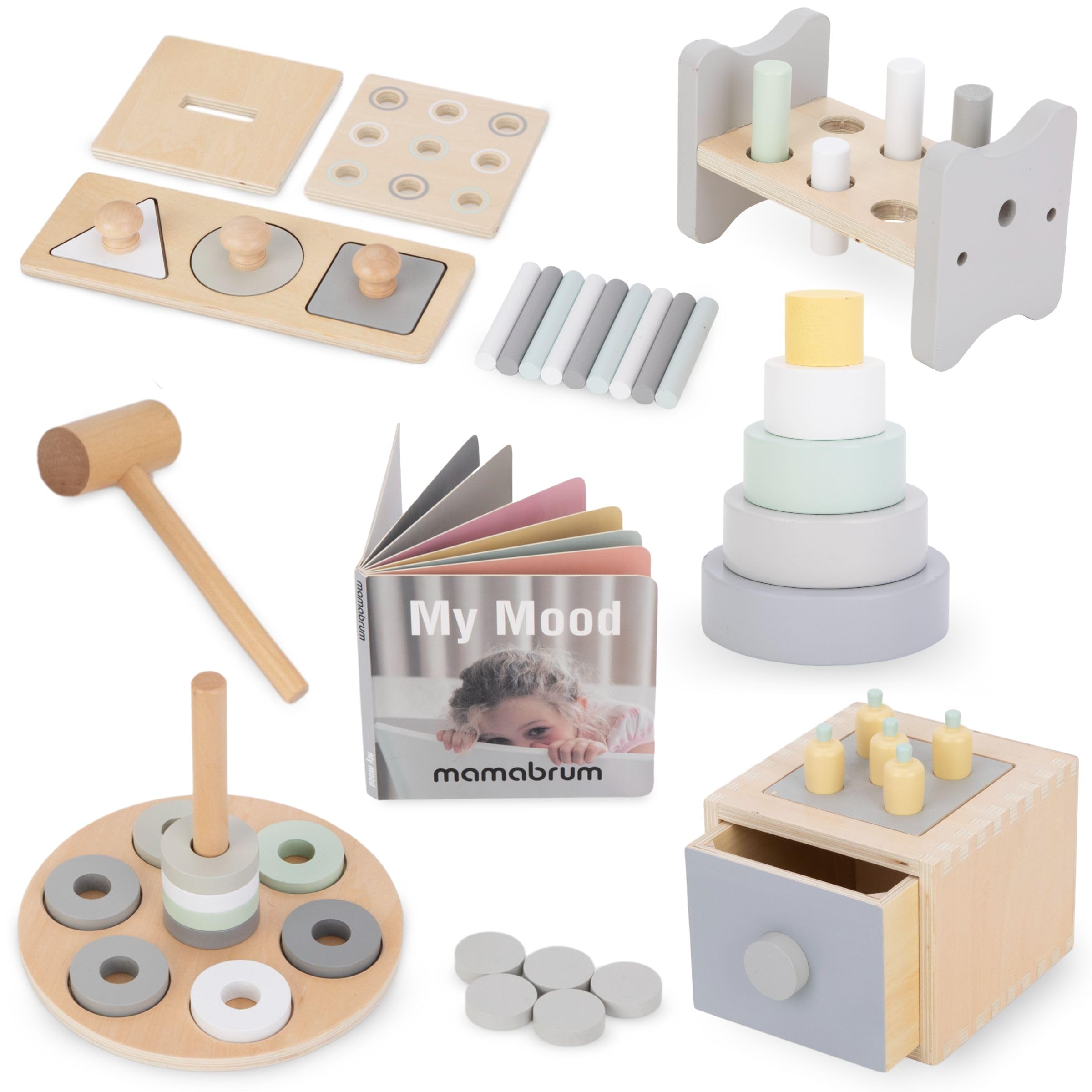 mamabrum Scatola Educativa Montessori 6 in 1 per Bambini 12 Mesi+ - Giocattolo Creativo con Martello, Puzzle, Libro, Cassetto, Piramide e Forme