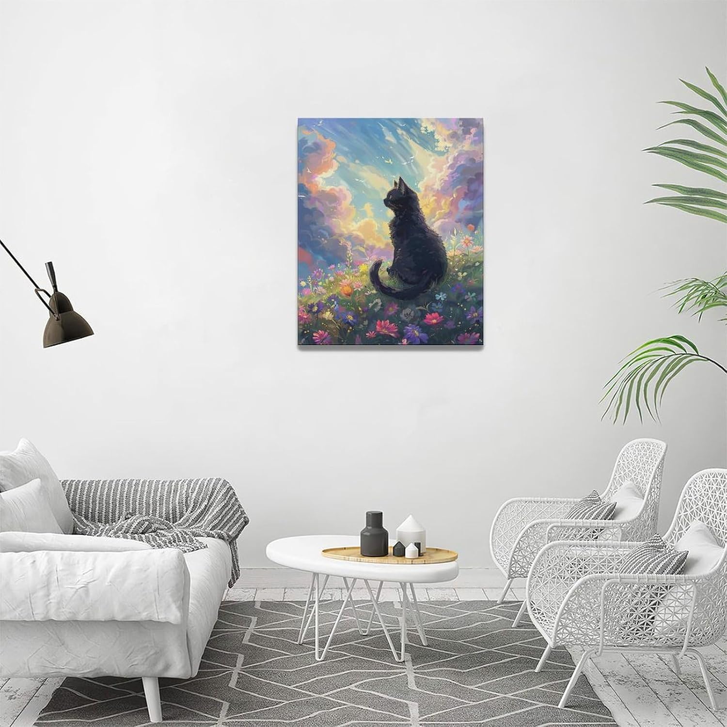 Black Cat Bathroom Decor Wall Art Cute Anime Cat Pictures Canvas Wall Art Wildflower Landscape Print Painting Artwork Nature Decorations for Bathroom Bedroom Living Room Office Framed 16"x20"