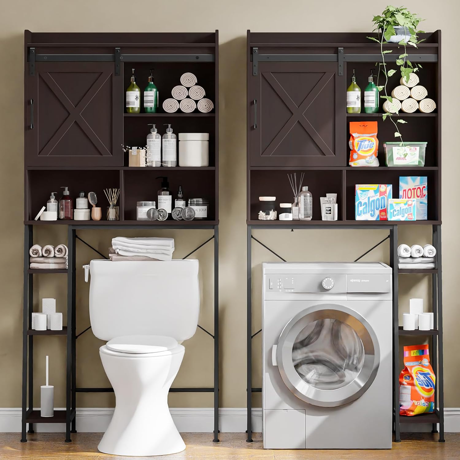 Over The Toilet Storage Cabinet, Farmhouse Storage Cabinet Over Toilet with Sliding Door & Toilet Paper Holder Stand，Home Space-Saving Toilet Rack, for Bathroom, Restroom, Laundry.Espresso