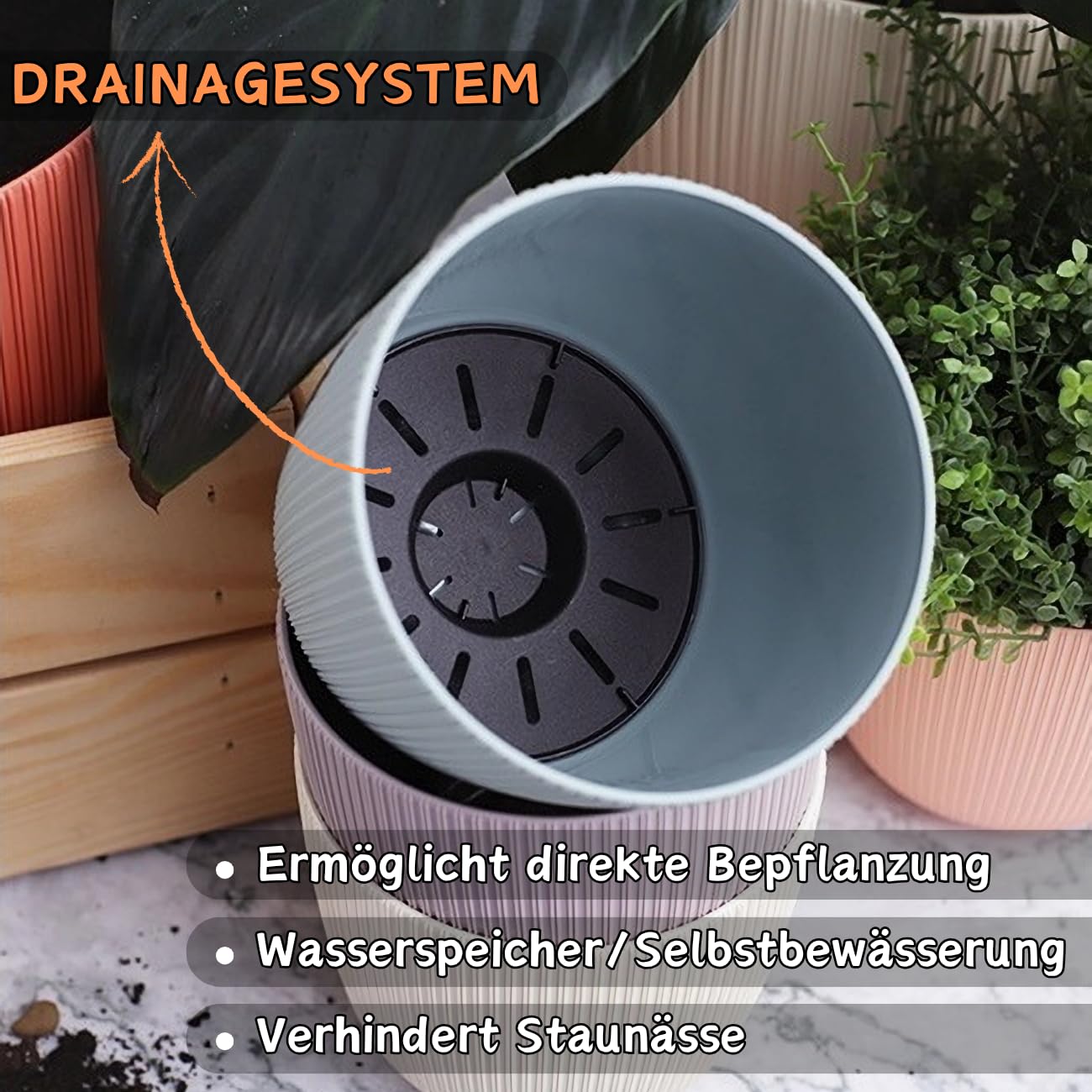 3 x Blumentopf mit Drainagesystem, Moos-Grün, Rillenoptik, Pflanz-Topf, Kübel, modern, widerstandsfähig, rund, wetterfest, Kunststoff, Ø 29 cm, 13 Liter