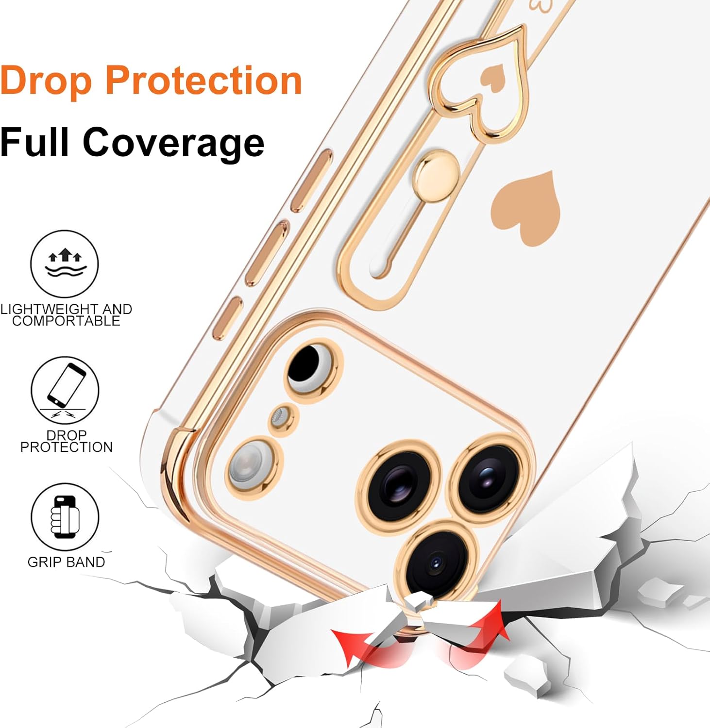 Compatible with iPhone 17 Pro Case with Strap for Women Girls [2× Screen Protectors], Cute Love-Hearts Design, Wristband Kickstand Plating Edge Protective Phone Case (6.3") - White - Image 5