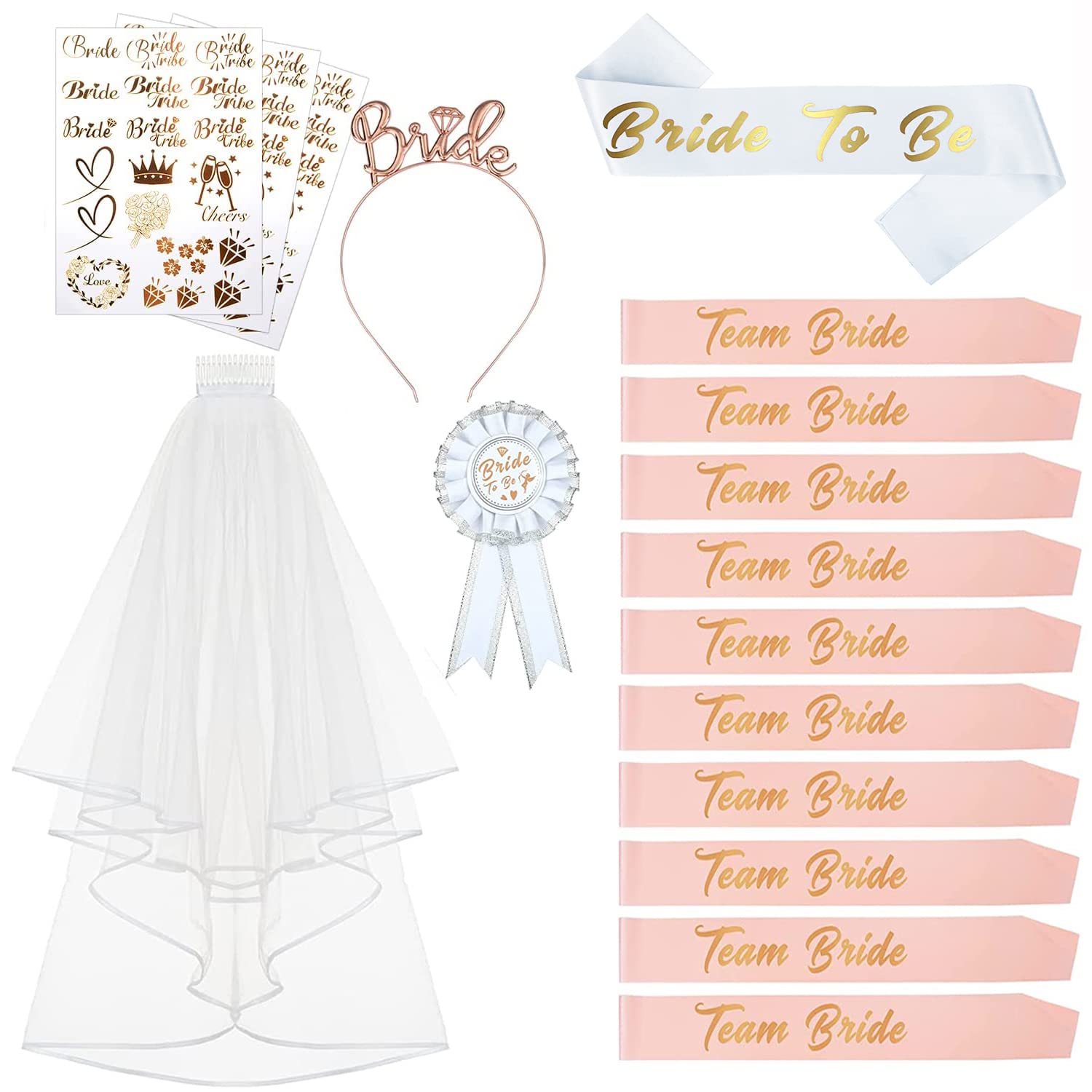 TwshinyHen Party Sash, 17PCS Hen Do Accessories Bride to Be Sash Hen Party Veil Team Bride Sash Hen Party Accessories (17Pcs)