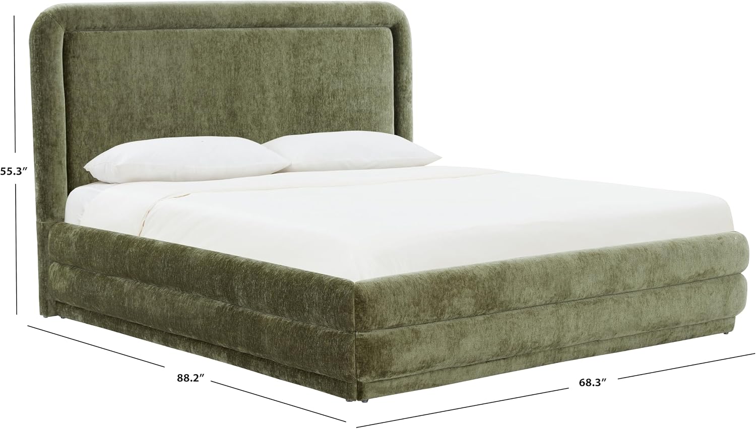 SAFAVIEH Couture Collection – Jollie Olive Green Chenille Upholstered Queen Bed, Fabric Platform Bed with Headboard, Modern Bedroom Furniture (SFV4884A-Q)