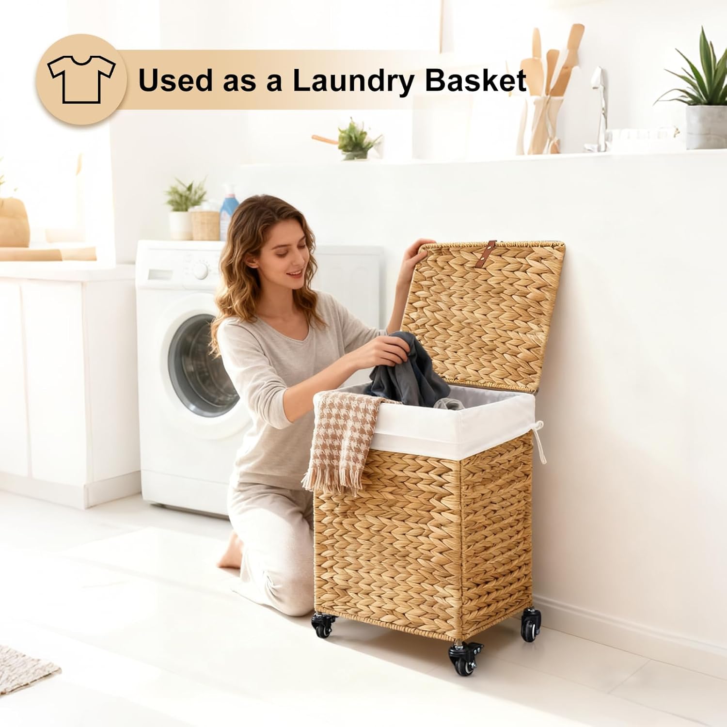 Handwoven Laundry Hamper with Wheels, Natural Water Hyacinth Rolling Laundry Basket with Lid and Removable Liner, Durable and Stylish for Bedroom, Bathroom, Laundry Room (Natural, 65L)