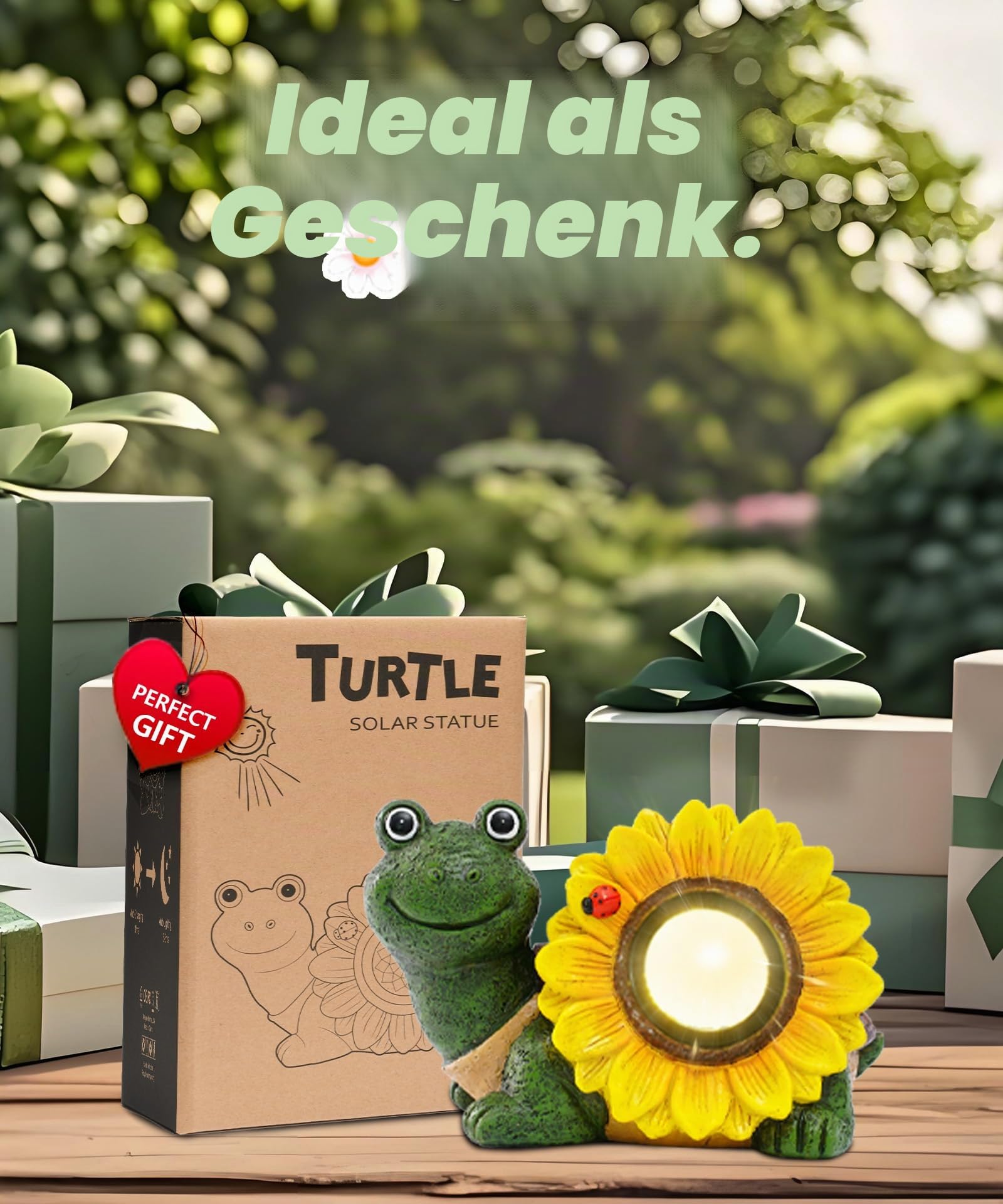 Yeomoo Solar Schildkröte Deko Figur mit Sonnenblume & Käfer Gartendeko Grün
