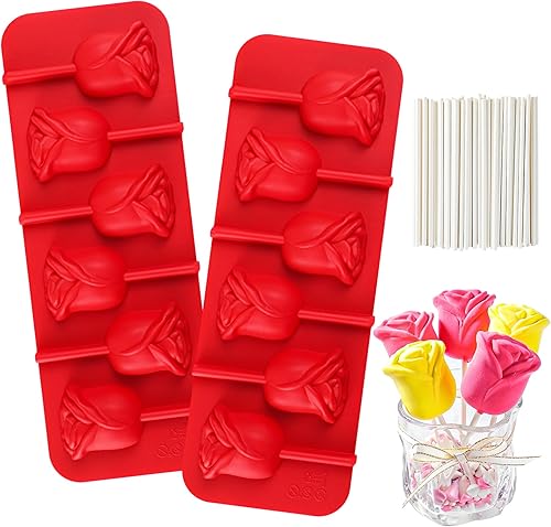 Webake Moldes 3D de paletas de rosas, moldes de silicona para dulces de chocolate con palos, 2 piezas para decoraciones de cupcakes, lechones y