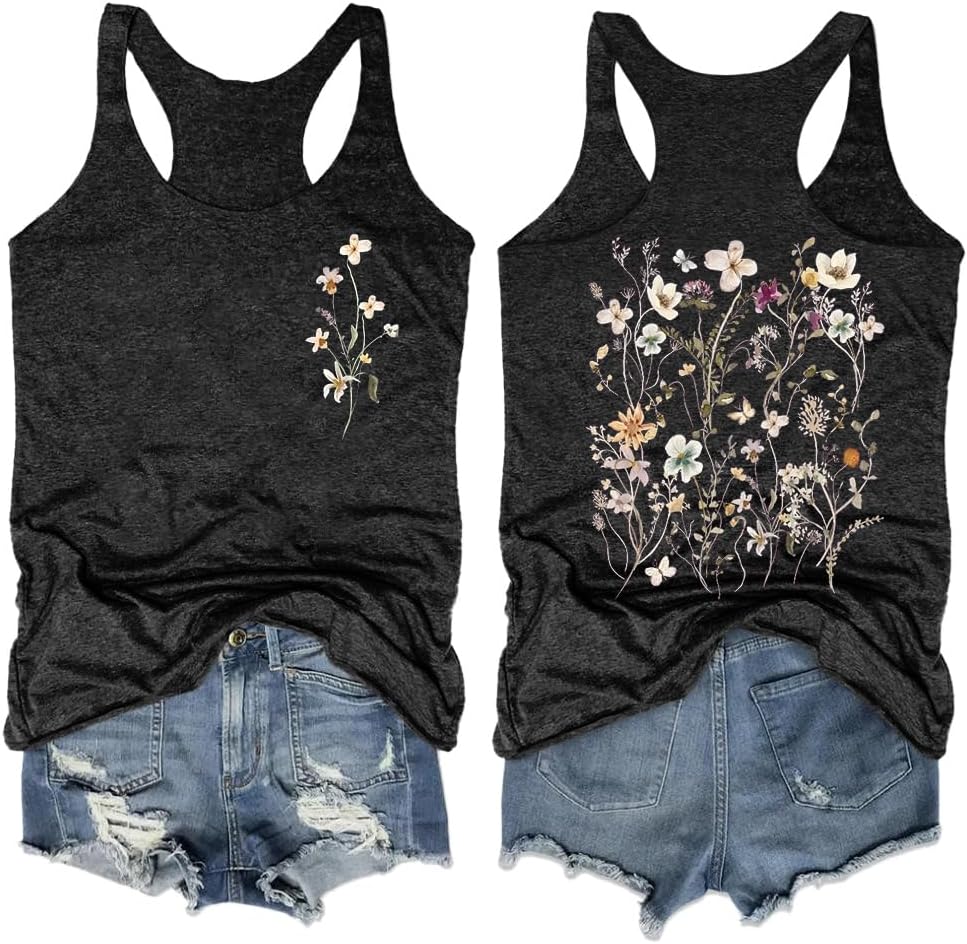 Woffccrd Womens Vintage Flowers Tank Tops Casual Boho Wildflowers Graphic Tees Cottagecore Summer Gym Vest Tops