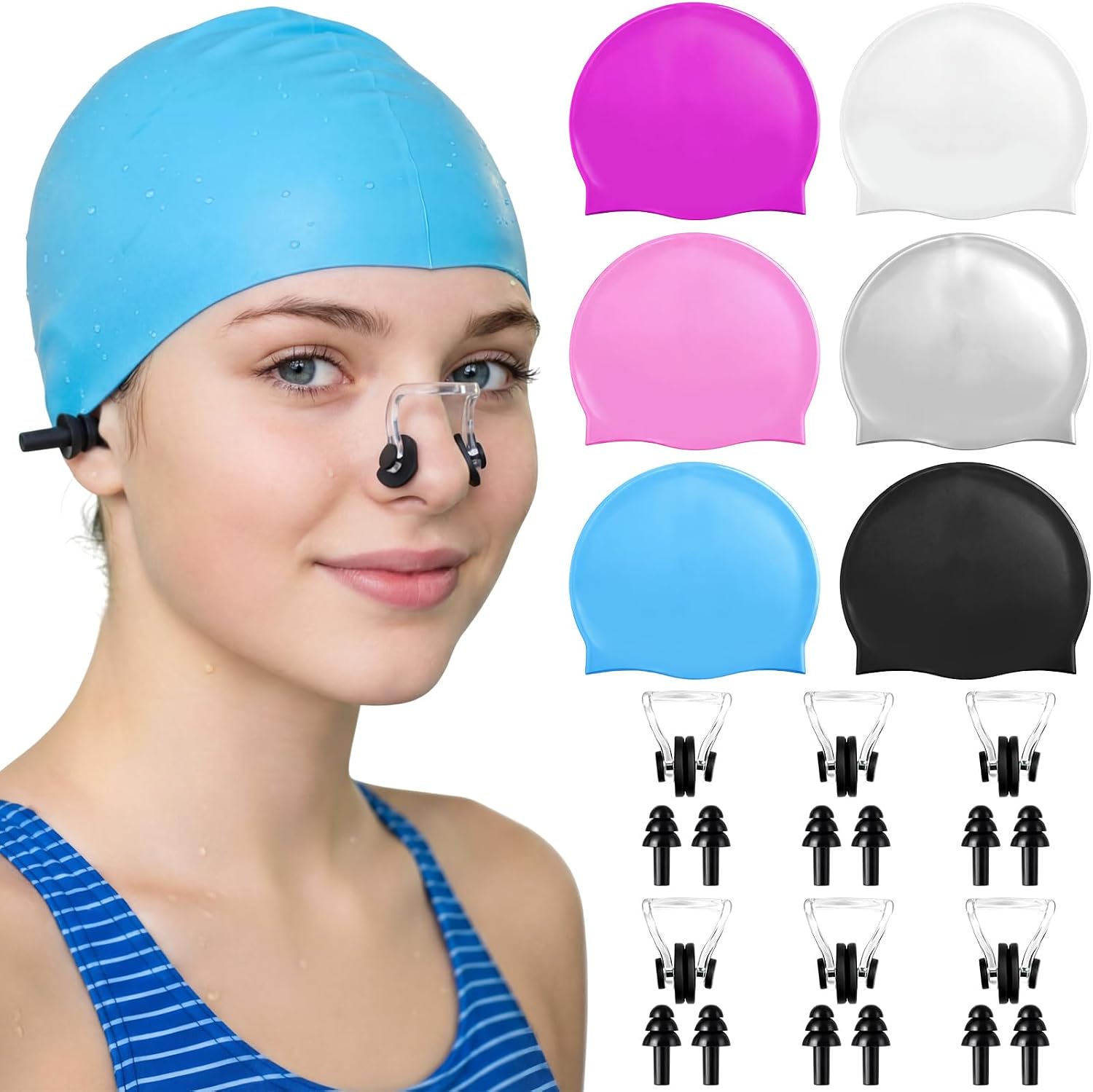 Syhood 6 Sets Swim Cap with Ear Plug & Nose Clip - 6 Color Unisex Silicone Summer Swimming Hat Set Bulk for Women Men Pool Beach Water Park