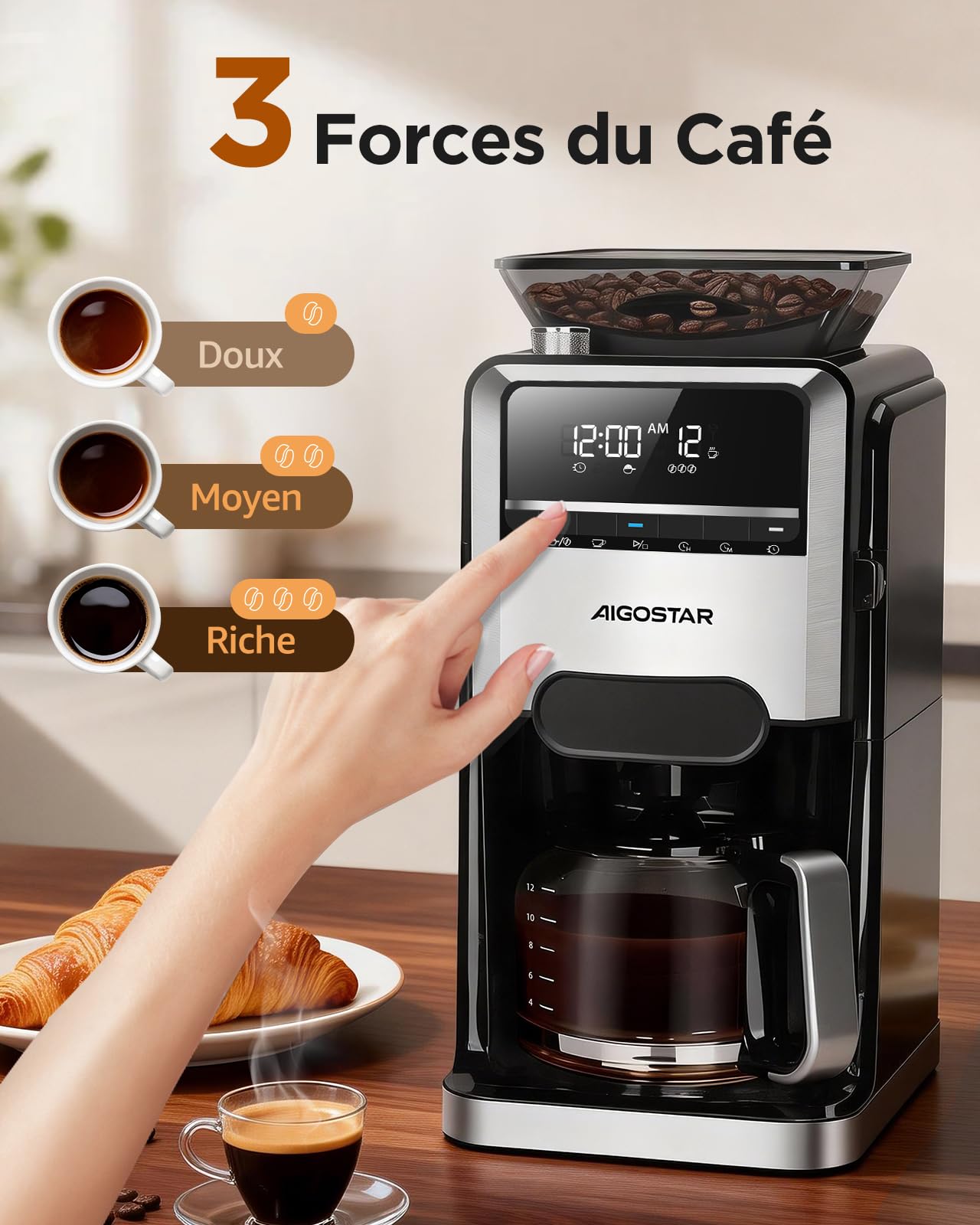Aigostar Cafetiere a Grain Avec Broyeur Intégré, 1400W Machine a Cafe Grain, 7 Moutures, 3 Intensités, 1,5 L (2-12 Tasses), 24H Cafetière Programmable, Maintien Température, Noir - Personnalisez Café