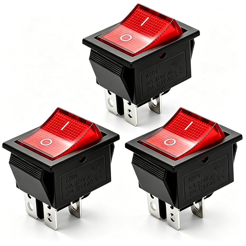 Chave Rocker DPST 4 Pinos TWTADE KCD2-201N-R-12V com LED Vermelho 12 V – Kit com 3