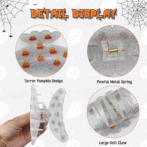 Miniatura 5 de Pinzas para el cabello de Halloween, divertidas calabazas, diseño exquisito, antideslizantes, color blanco, con purpurina, pinzas de calabaza,