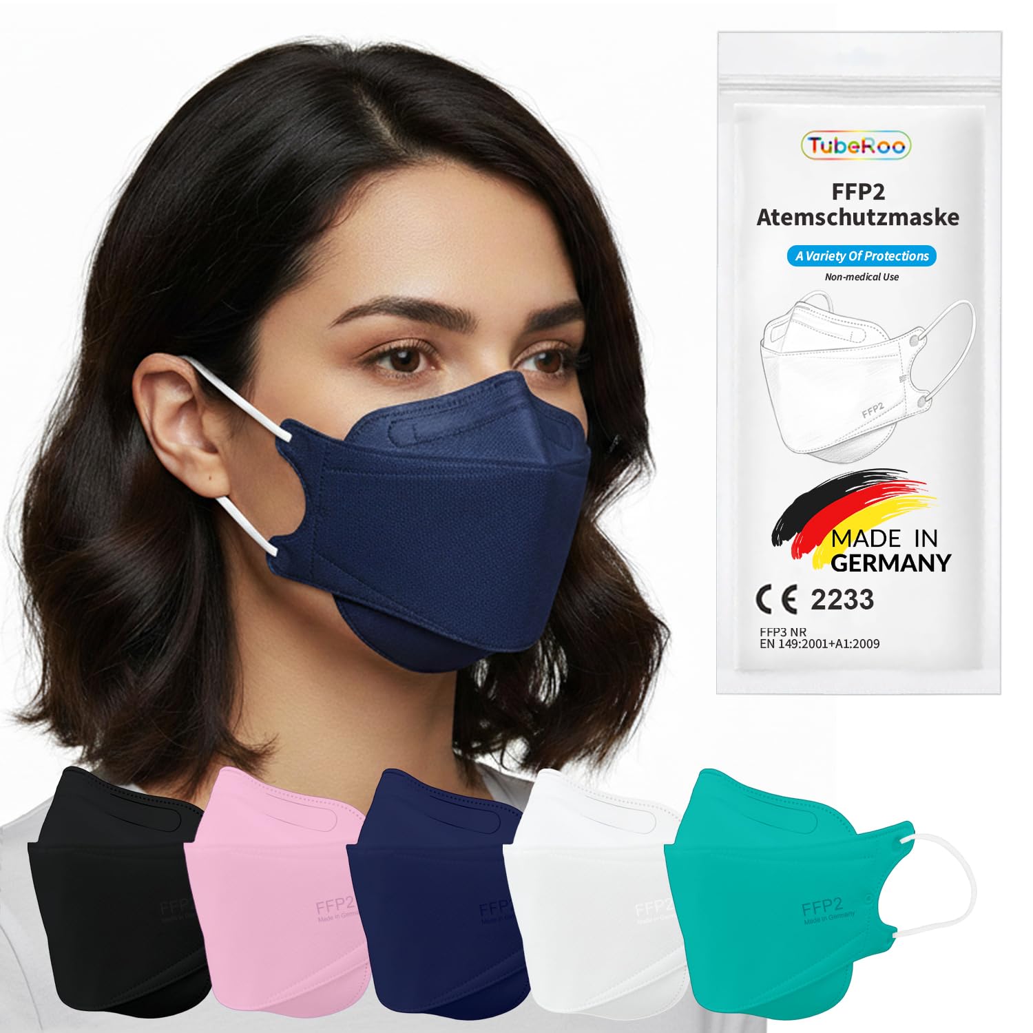 FFP2 Maschera blu scuro a forma di pesce, 20 pezzi, Made in Germany, certificazione CE, morbidi passanti per le orecchie, fascia elastica, maschera di protezione respiratoria per pesci