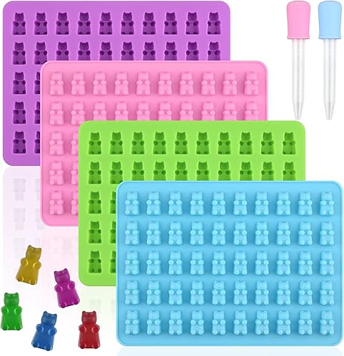 WMKGG Mini molde de gomita de oso, 4 moldes de silicona para gomitas de 0.3 fl oz, moldes de gomitas de caramelo de chocolate con 2 goteros
