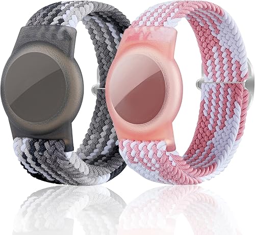Paquete de 2 pulseras para niños para AirTag, correa de reloj de nailon con GPS, funda protectora compatible con Apple Air Tag, pulsera ajustable