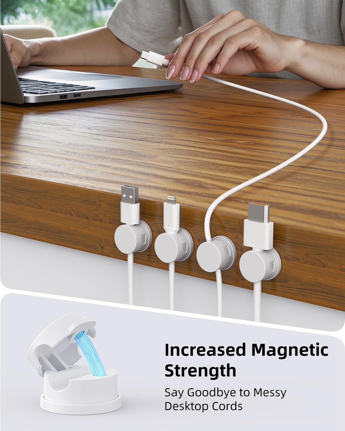 Swiveling Cord Holder, Magnetic Cord Organizer, Inchor Cable Organizer for Desk, 6 Pack Cable Clips for Nightstand, Adhesive Cable Holder Cable Management Clips for Car Home Office (White)