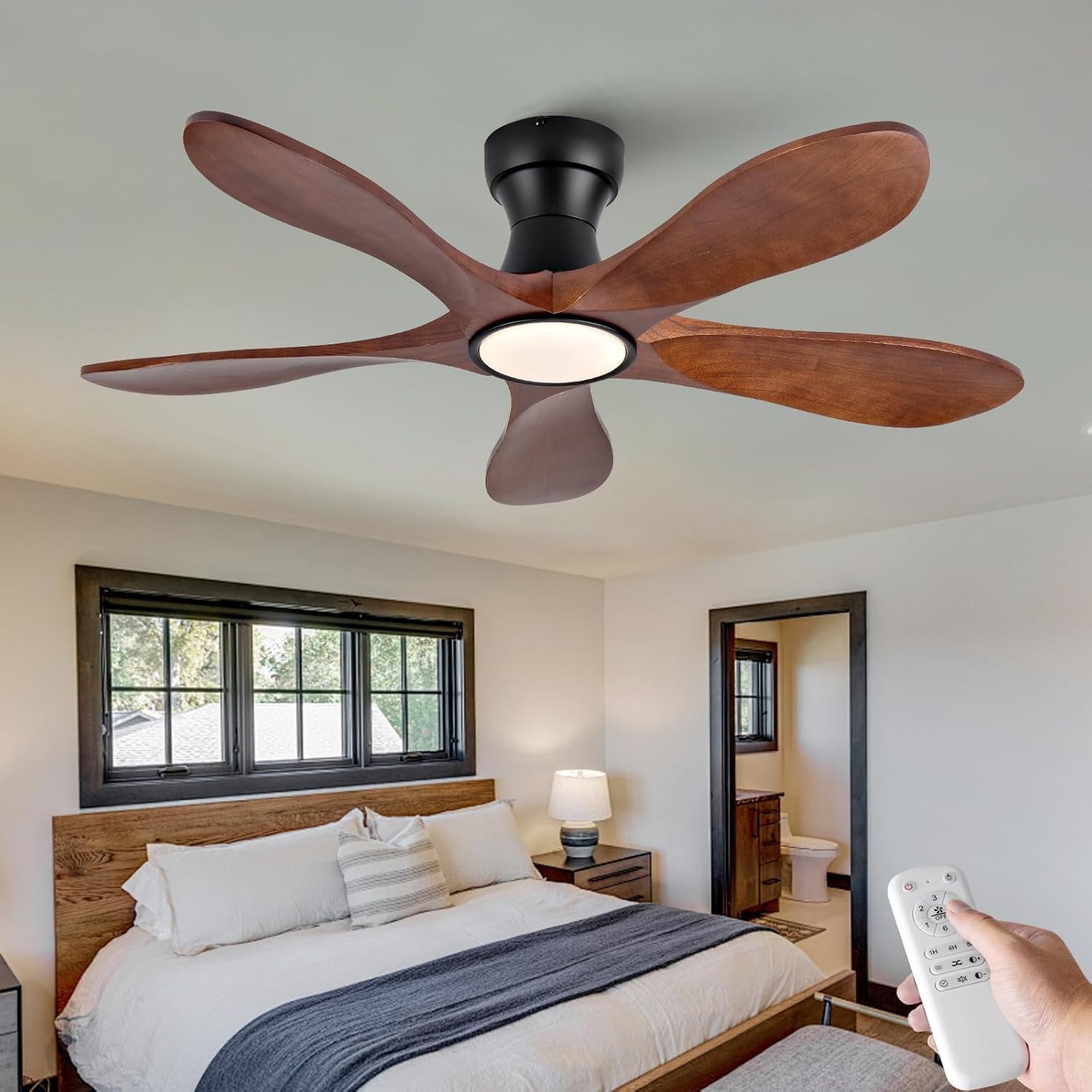 42 Inch Wood Flush Mount Ceiling Fans with Lights and Remote, Dimmable 5 Blade Wood Bedroom Ceiling Fan Outdoor Ceiling Fans for Patios Low Profile Ceiling Fan with Light for Bedroom