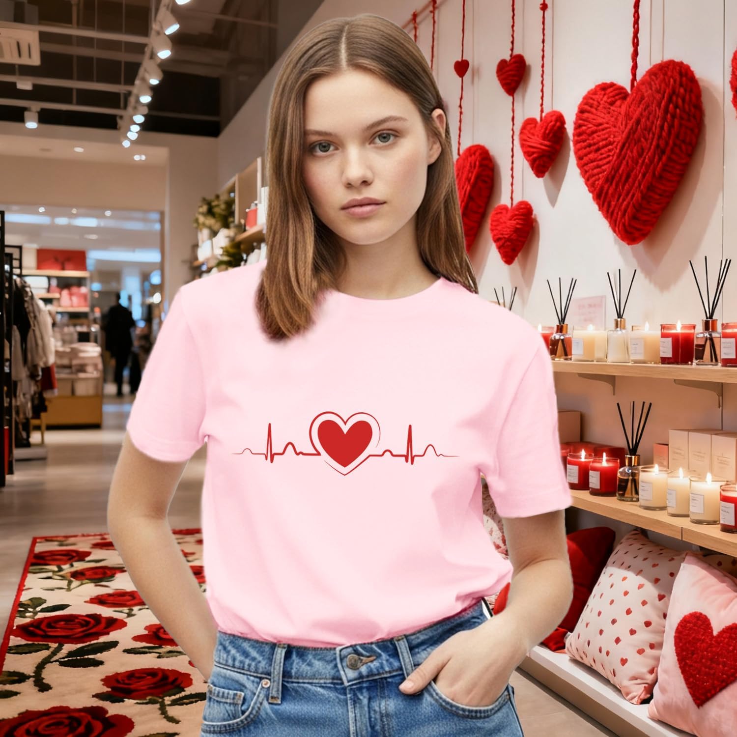 Valentines Shirts for Women Valentines Day T-Shirt Heartbeat Pattern Tee Tops - Image 4
