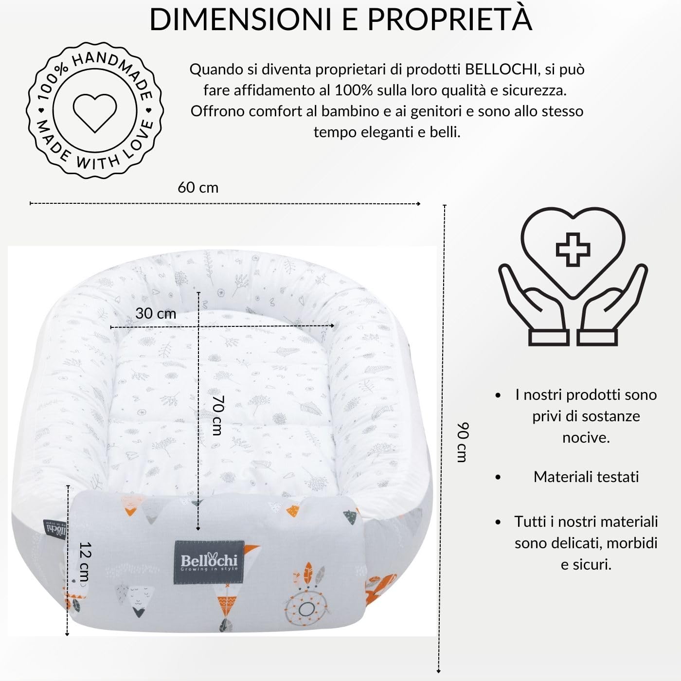 Nido Per Neonato Bellochi - Lettino Portatile In Cotone, Con Bordi Protettivi (90x60 Cm), 0-9 Mesi - Foto 4