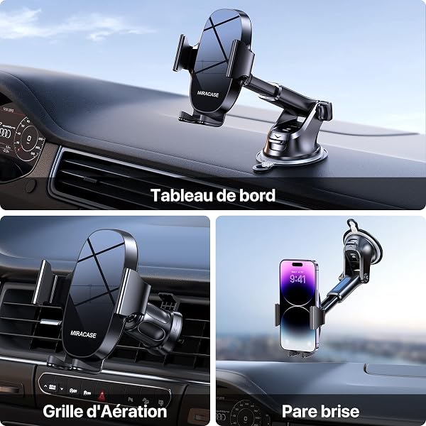 Miracase 【4-en-1 Support Telephone Voiture, Porte Telephone Voiture Ventouse pour Tableau de Bord & Pare-Brise & Sortie d'air & Bureau Compatible avec Tous Les Smartphones 4.0''-7.0'' - 2