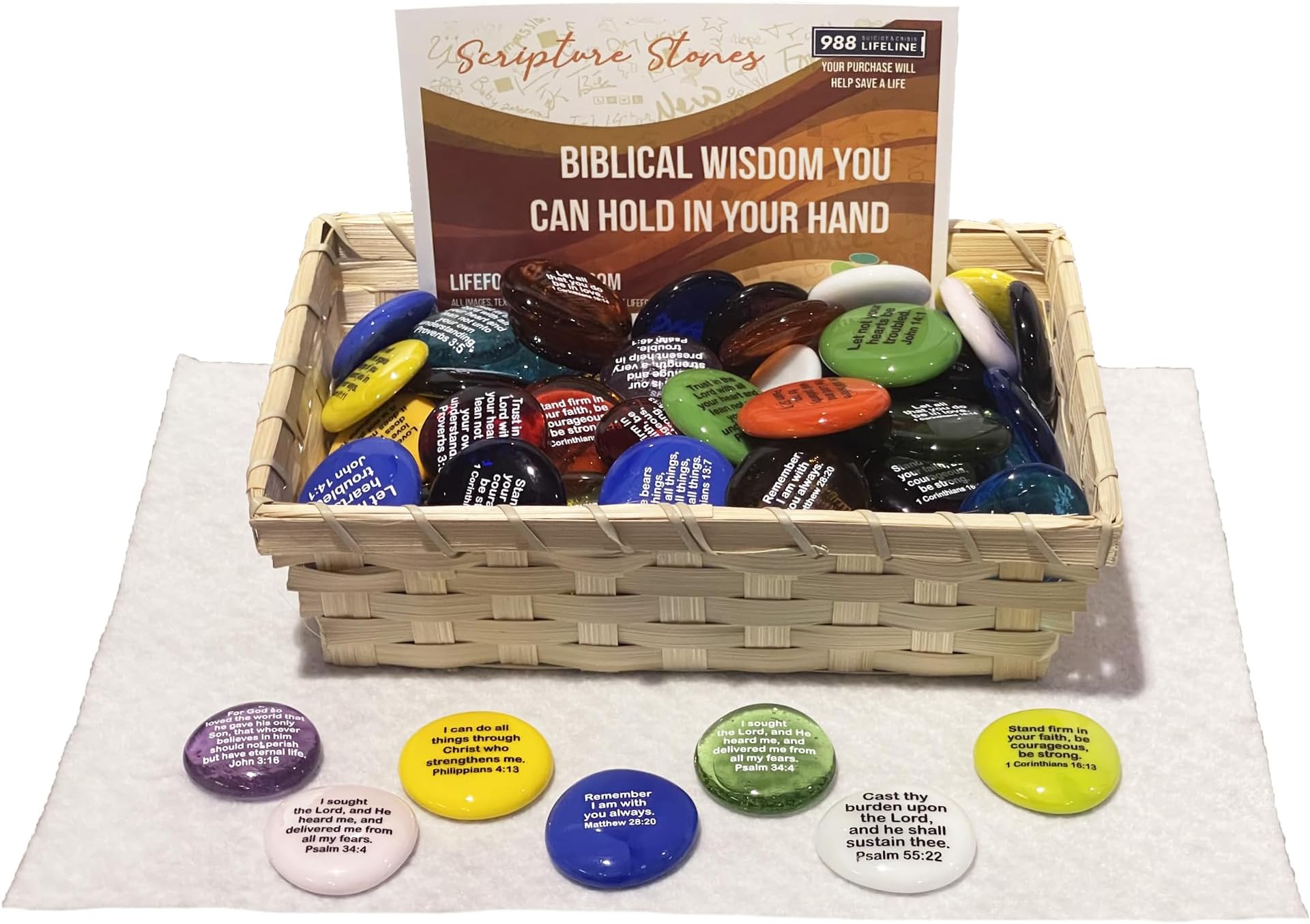 Scripture Glass Stones, Set of 100 Translucent and Opaque Glass Stones Printed with Many of Your Favorite Bible Verses with Retail Display by Lifeforce Glass.