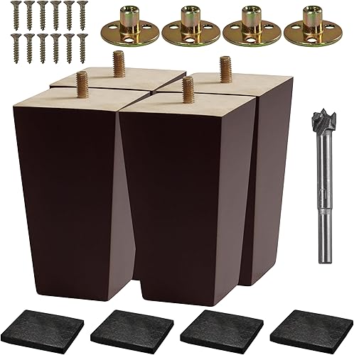 Miniatura 12 de VASGOR Juego de 4 patas de madera para muebles (broca incluida) - Patas cuadradas para sofá, patas de sofá - Patas de repuesto modernas de mediados