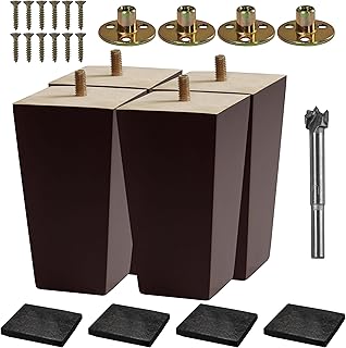 VASGOR Set of 4 Wood Furniture Legs (Drill Bit Included)- Square Sofa Legs, Couch Leg - Brown Mid-Century Modern Replacement Legs for Armchair Recliner Coffee Table Dresser (5")