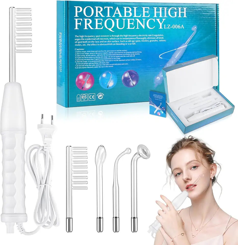 Aparelho Alta Frequência Estética Portátil, Aparelho de Alta Frequência Facial e Capilar com 4 Eletrodos, Kit de Alta Frequência para Tratamentos Faciais e Capilares