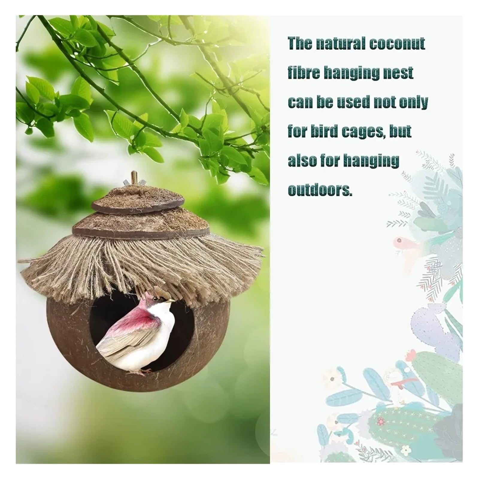 Nido de pájaro de Concha de Coco Casita Colgante de Fibra Coco for pájaros en Jaula, Nido cría for Loros, periquitos, agapornis, pinzones y Canarios pequeños(2pcs Coconut Hide)