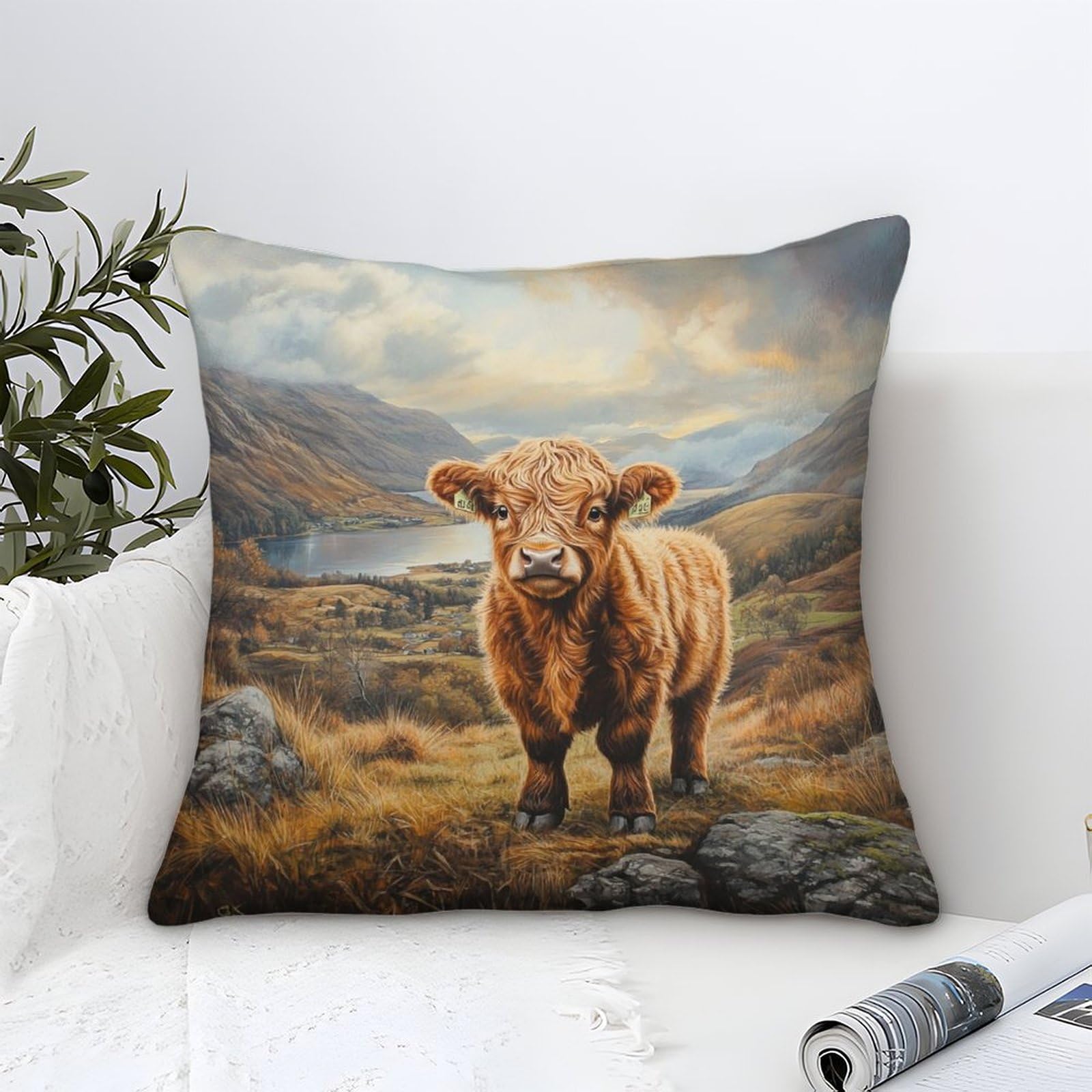 Yyvkpmlxc Style-4 Pillow Cases Highland Cow Modern Art Decorative,Landscape Pastoral Pattern Square Cushion Cases Soft Polyester Throw Pillow Cover Home For Livingroom Outdoor Garden Sofa Decor 50X50cm