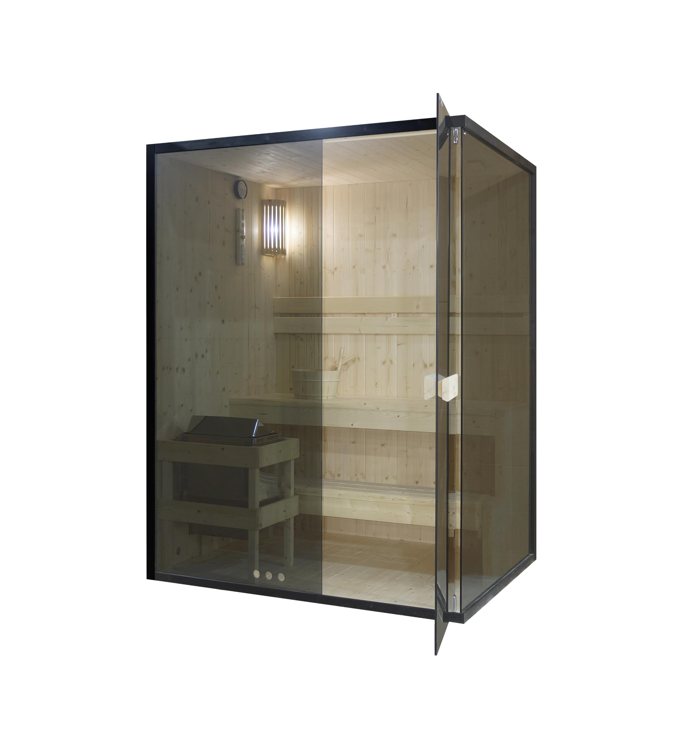 SANOTECHNIK Sauna FALUN L für 2–3 Personen, Innensauna aus Fichtenholz mit 4,5 kW Harvia Saunaofen, Saunasteine & Zubehör, getöntes Sicherheitsglas, 150 x 120 x 200 cm