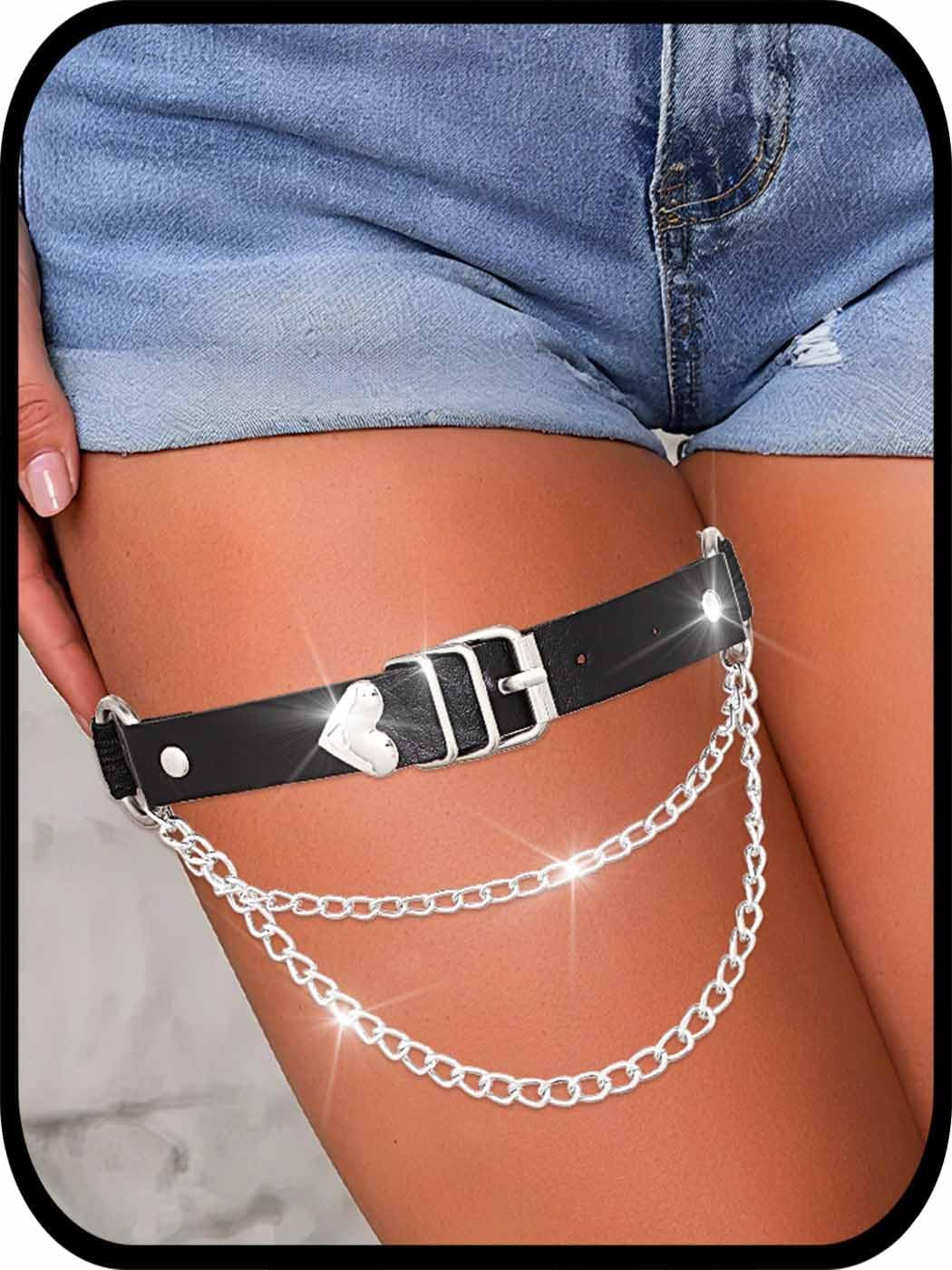 Urieo Punk Leather Leg Garter with Chains Black Thigh Elastic Garter Belt Gothic Adjustable Rave Leg Harness for Women