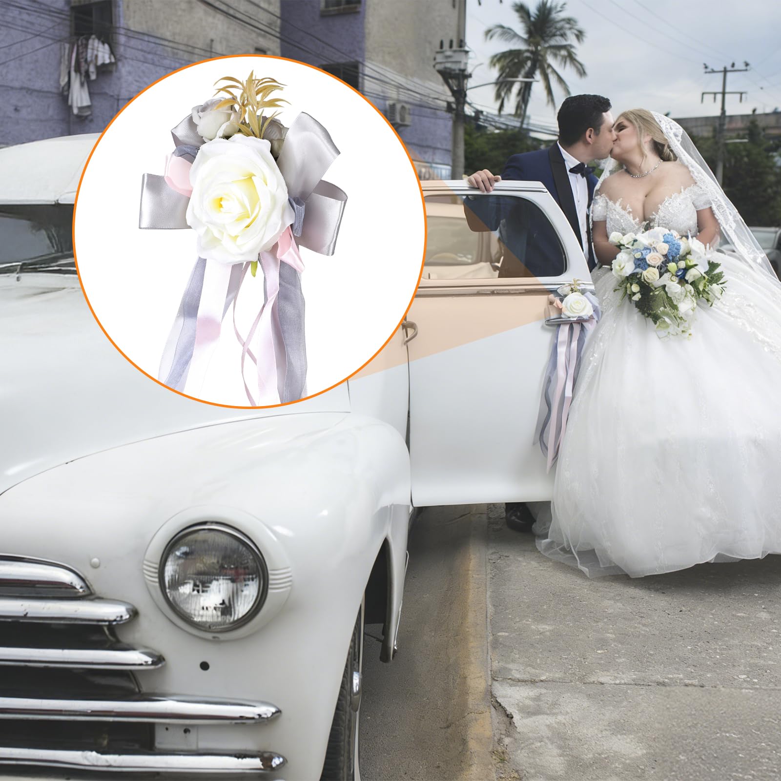 DBREAKS 4 Piezas de decoración para Coches de Boda, Floral para manillas de Puertas de Coches, Rosa Blanca Artificial con ventosas, para retrovisores