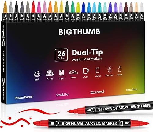 BIGTHUMB Bolígrafos de pintura acrílica de 26 colores, marcadores de pintura acrílica de doble punta con punta de pincel y punta de punto,