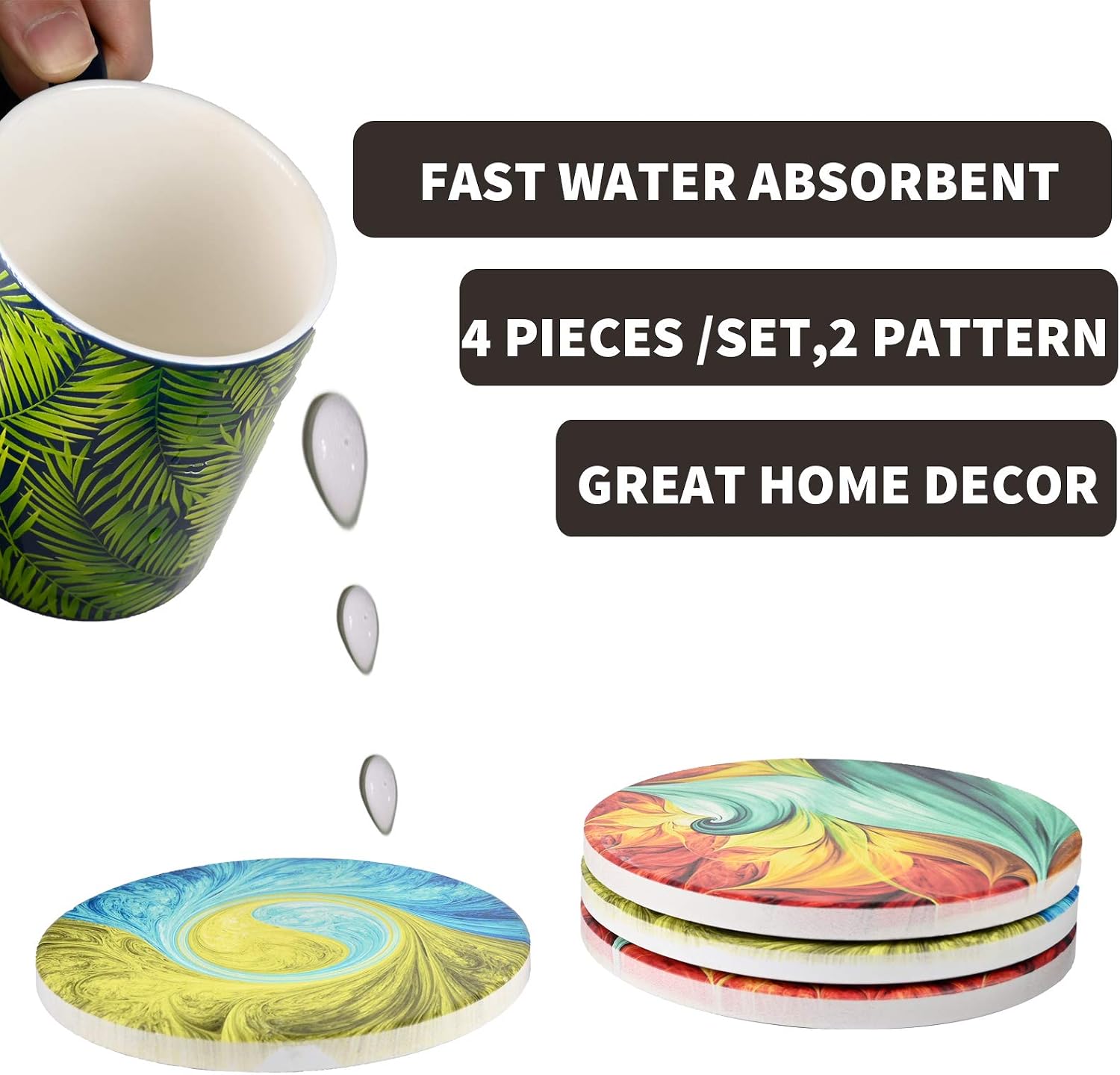CoxFox Absorbent Coasters for Drinks Ceramic Cool Cup Coaster Set for Wooden Table Women Men Coffee Lover Gift