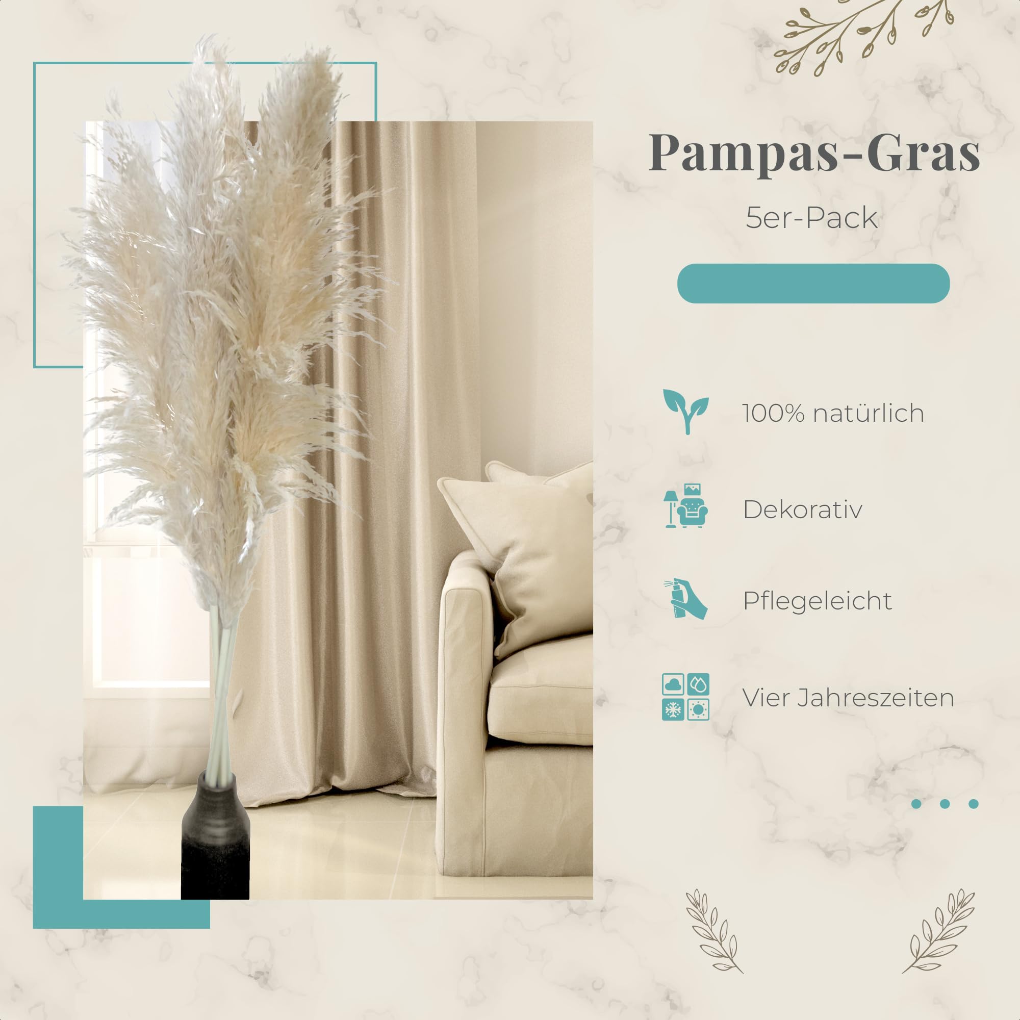 Sunnytree Herbe de la Pampa Décorative - Lot de 5 Tiges 115 cm - Plumes Longues Séchées pour Salon et Événements