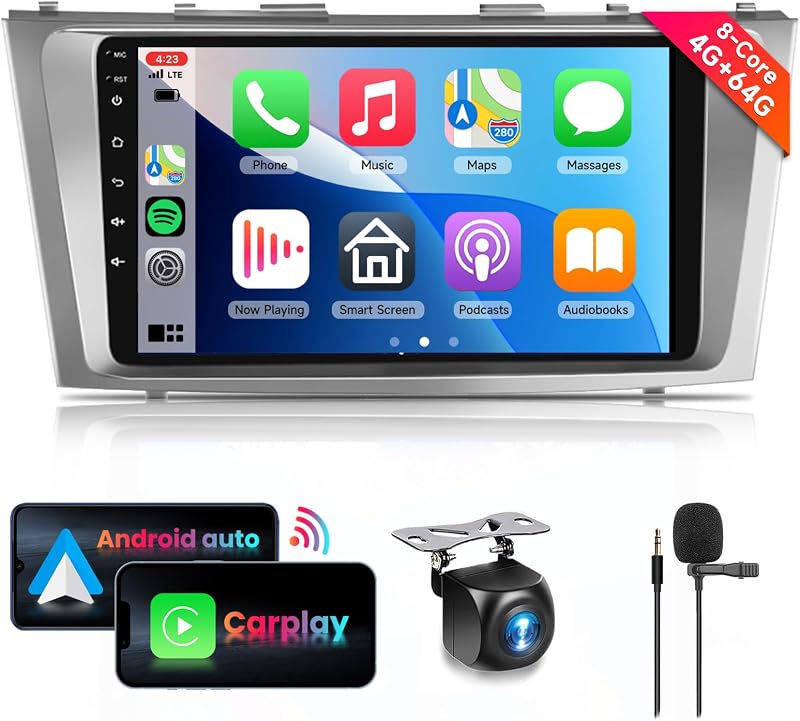 for Toyota Camry 2006-2011 with JBL 8 CORE 4G+64G Car Radio Stereo with Wireless CarPlay Android Auto, 9 Inch 1280 * 720P IPS Touch Screen Android 13 GPS WiFi Bluetooth 32-Band DSP SWC HD Camera