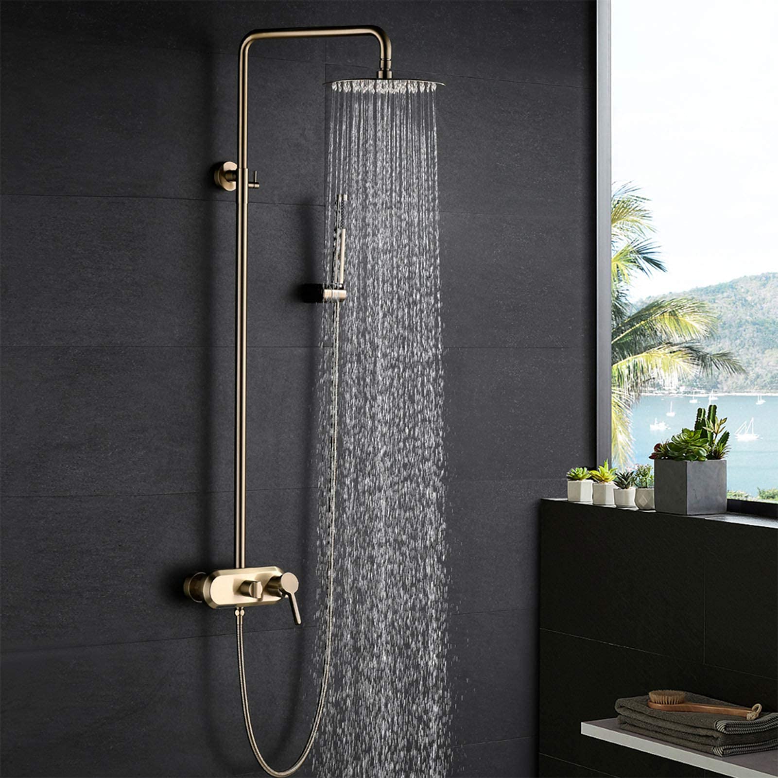 Duschset Gebürstetes Gold - Regendusche & Handbrause Mit 3 Strahlarten 40cm