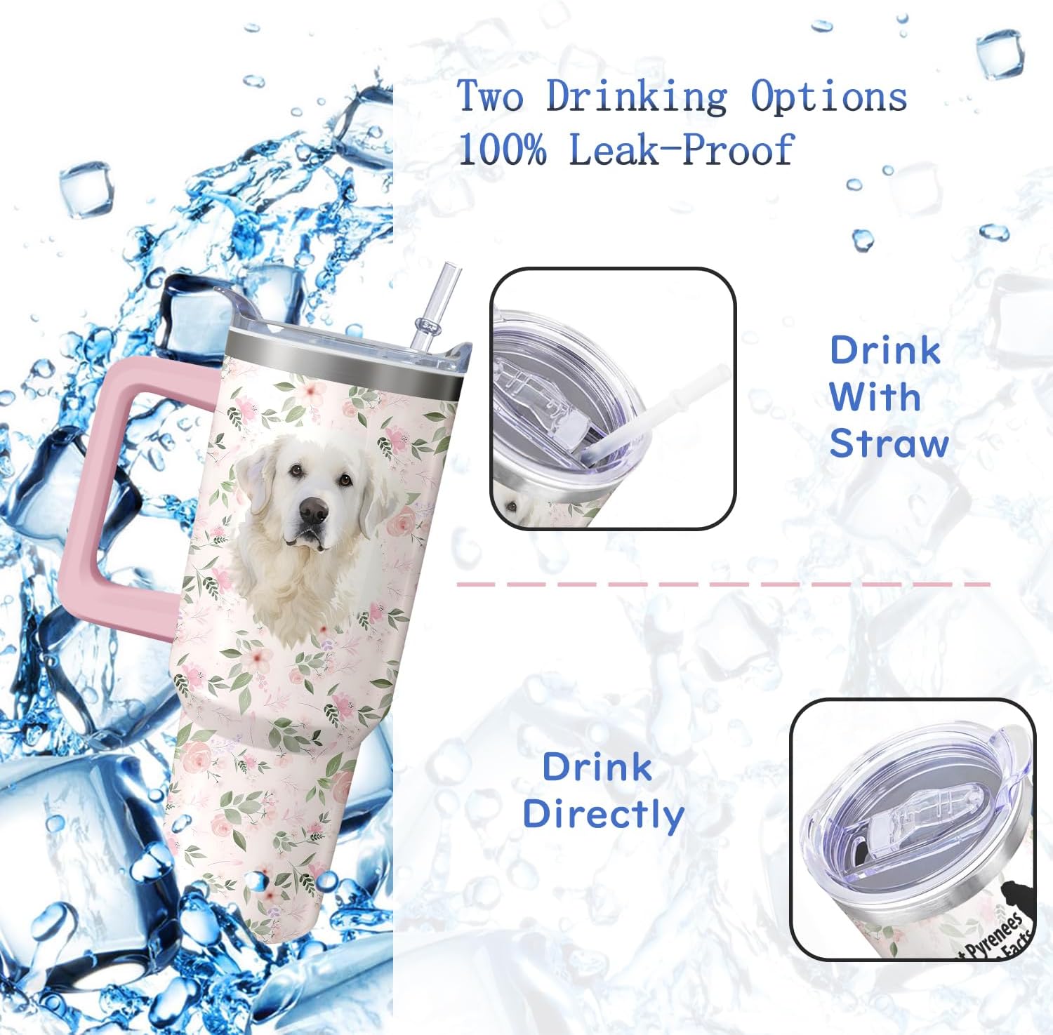 40oz Great Pyrenees Dog Tumbler with Handle and Straw, Funny Stainless Steel Insulated Cup with Lid and Straw, Travel Coffee Mug Water Bottle, Birthday Mothers Day Gifts for Women Men Animal Lovers - Image 4