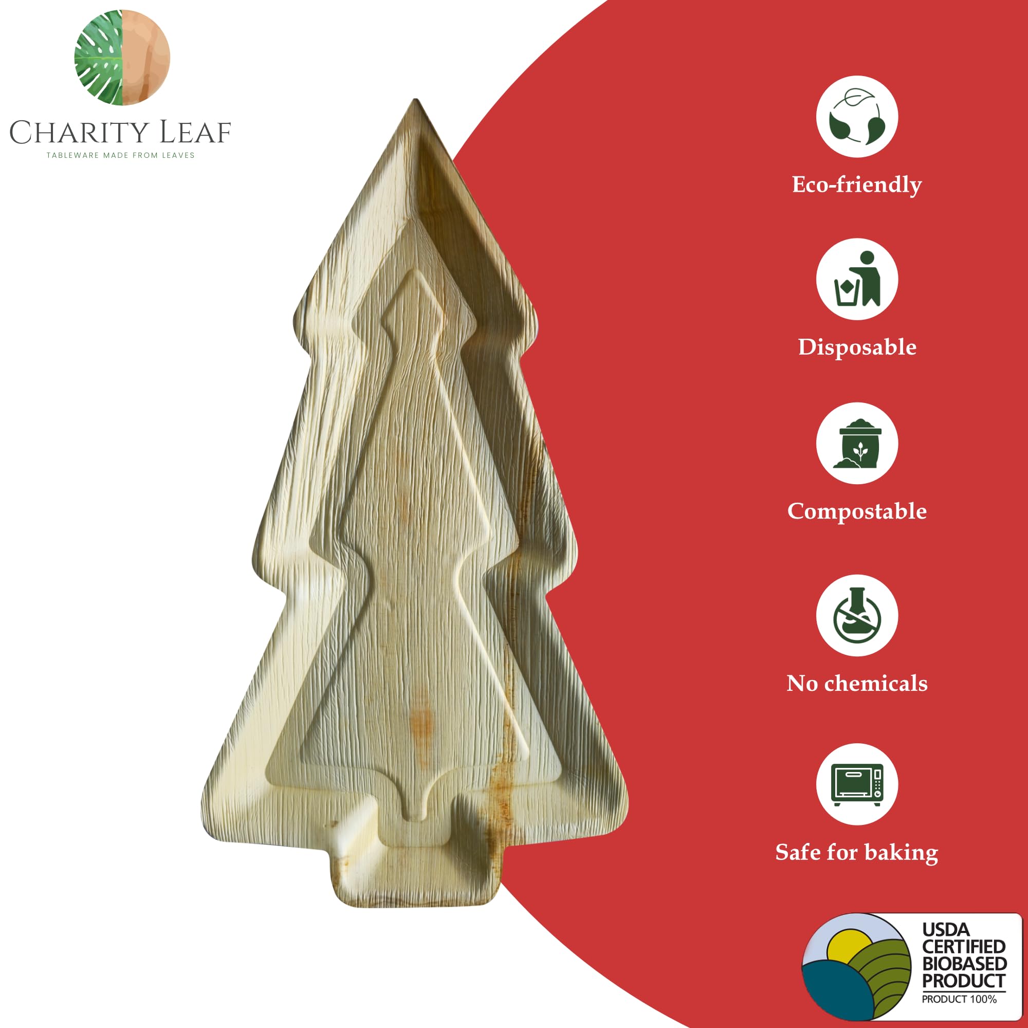 Charity Leaf Platos de Navidad desechables de hoja de palma de 22 x 12 pulgadas (5 piezas), platos de bambú para servir, tablas desechables, vajilla ecológica para Navidad, bodas, catering, eventos