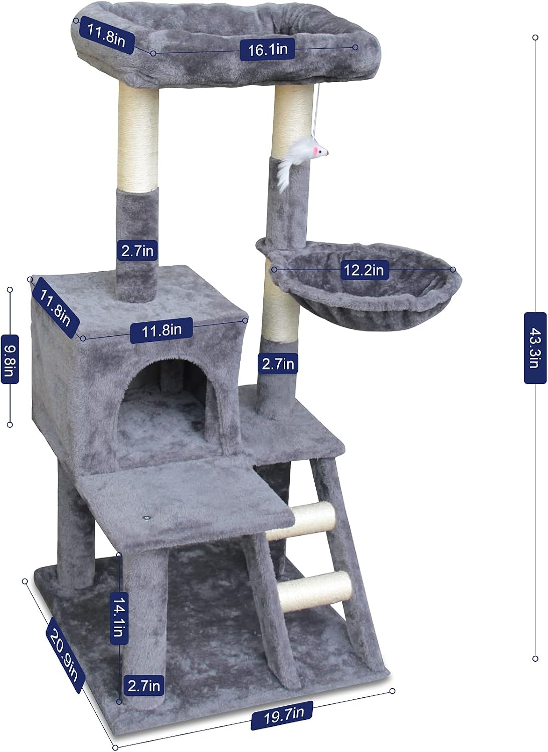 67i Multi-Level Cat Tree Cat Tower with Scratching Posts Cat Condo Cat House 43 Inches Cat Tree with Hammock Tower for Cats Kittens Activity Tower Pet Play House Furniture for Indoor Cats (Grey)…