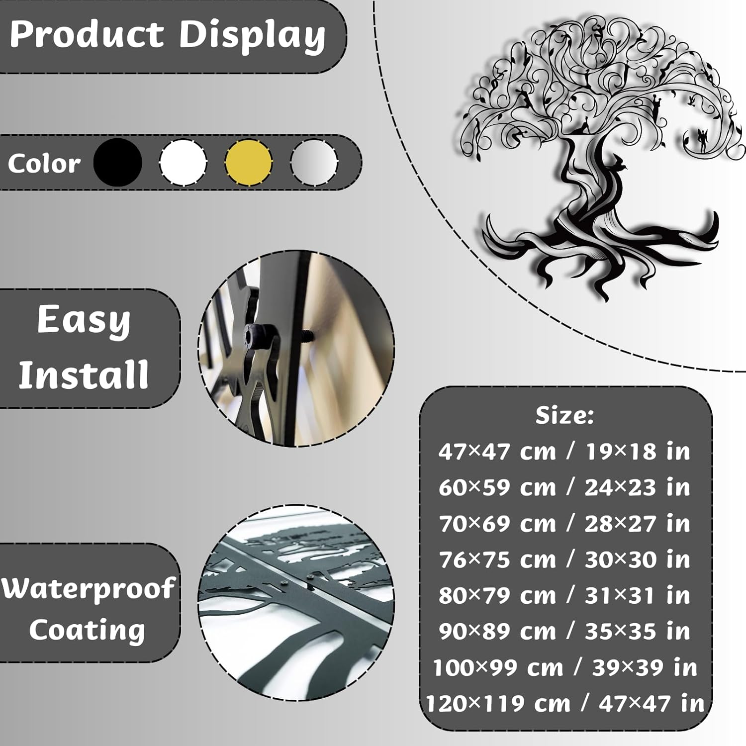 Tawinone Tree of Life Metal Wall Art, Tree of Life Wall Decor, Metal Wall Art Trees, Branch Wall Decor, Wall Decorations for Living Room, Bedroom, Bathroom (Gold, 80×79 cm / 31×31 in)