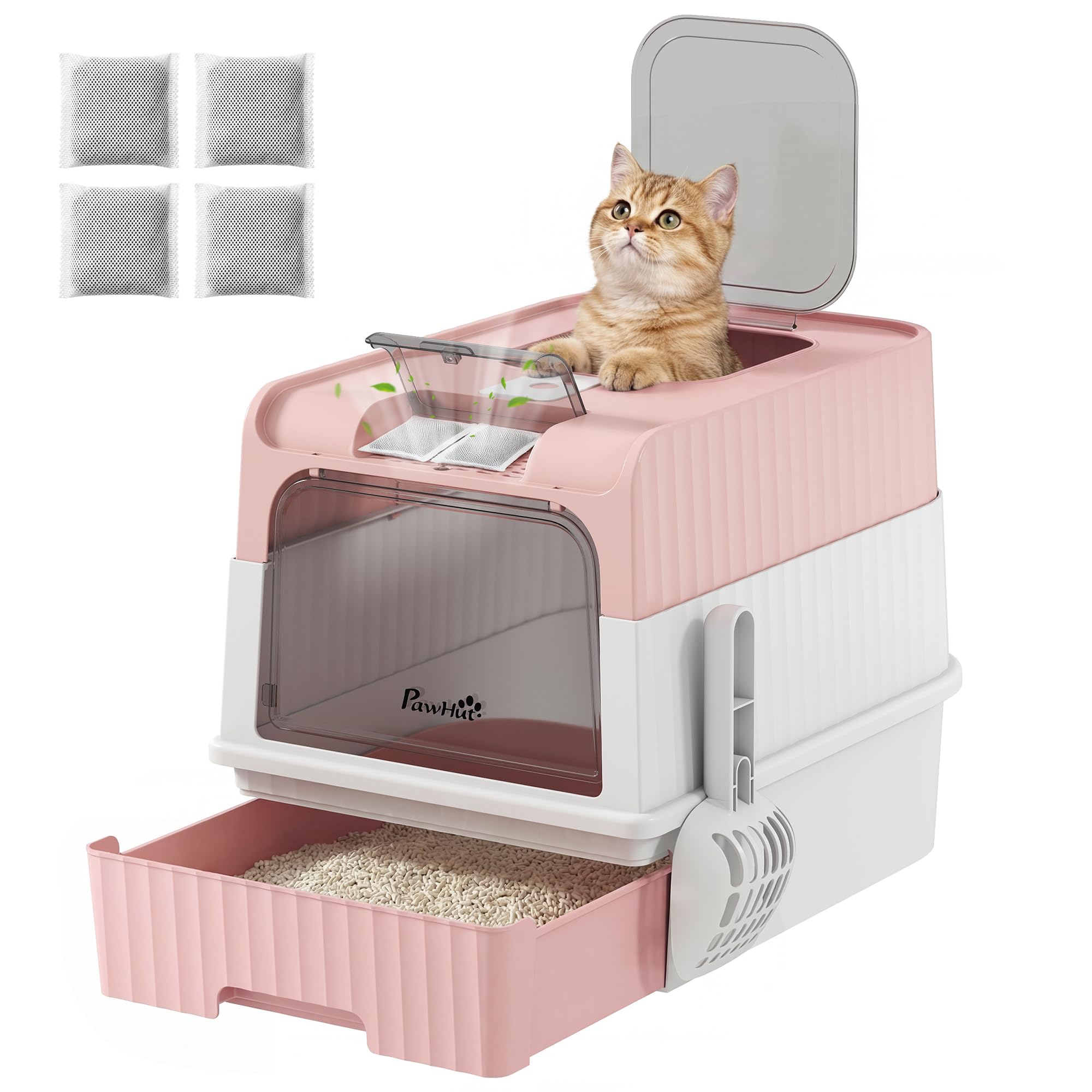 PawHut Litière Chat avec Couvercle, tiroir amov., Pelle, intimité, Rose