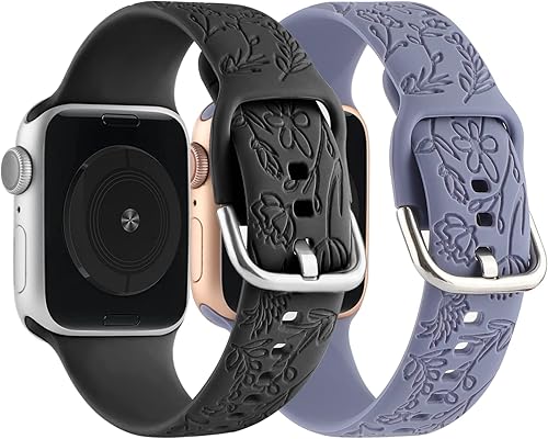 Miniatura 3 de Paquete de 2 correas deportivas grabadas con flores compatibles con correas de Apple Watch de 1.496 pulgadas, 1.575 pulgadas, 1.614 pulgadas,