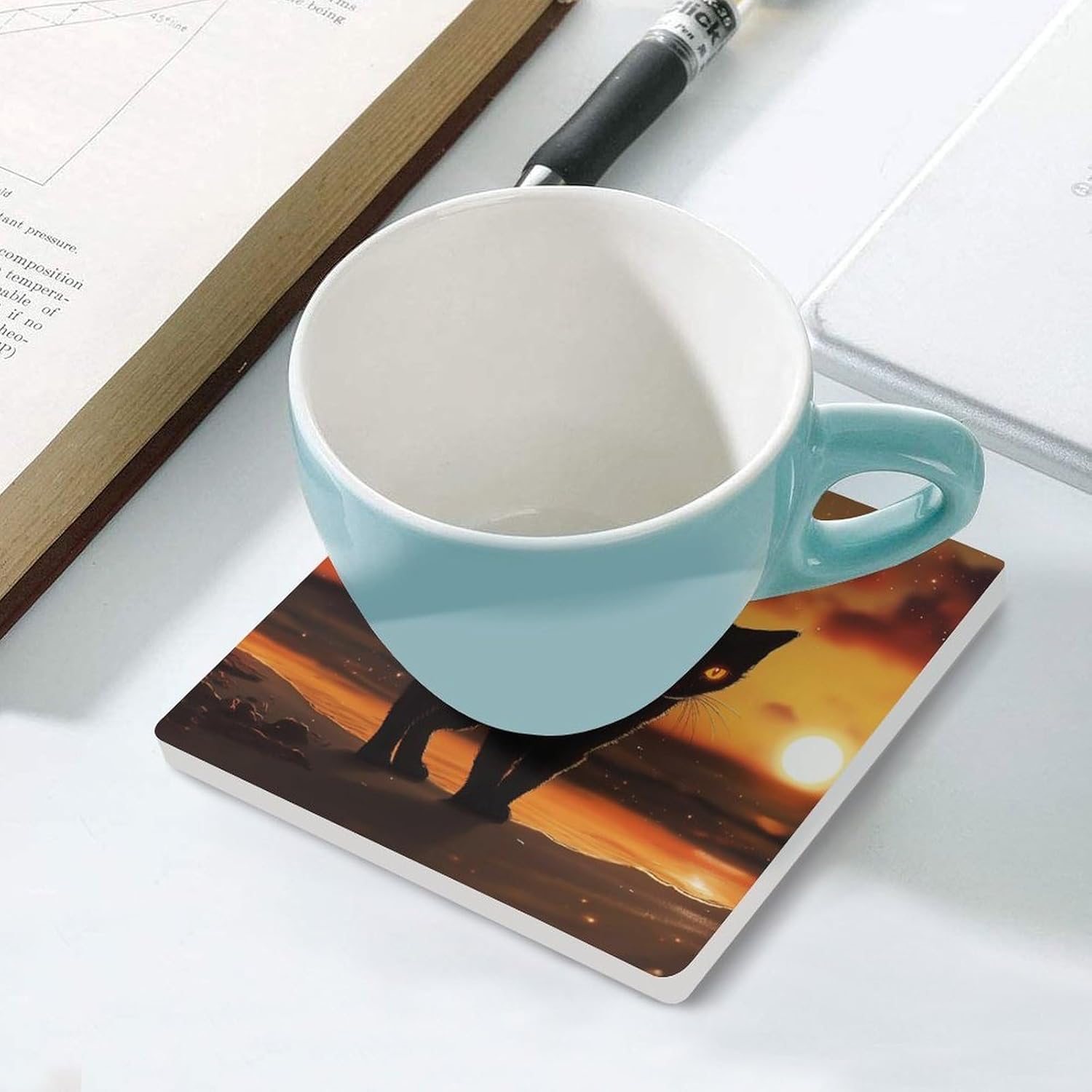 Black Cat Beach Sunset Funny Ceramic Coasters for Drinks Absorbent Cup Holder Tabletop Protector with Cork Base