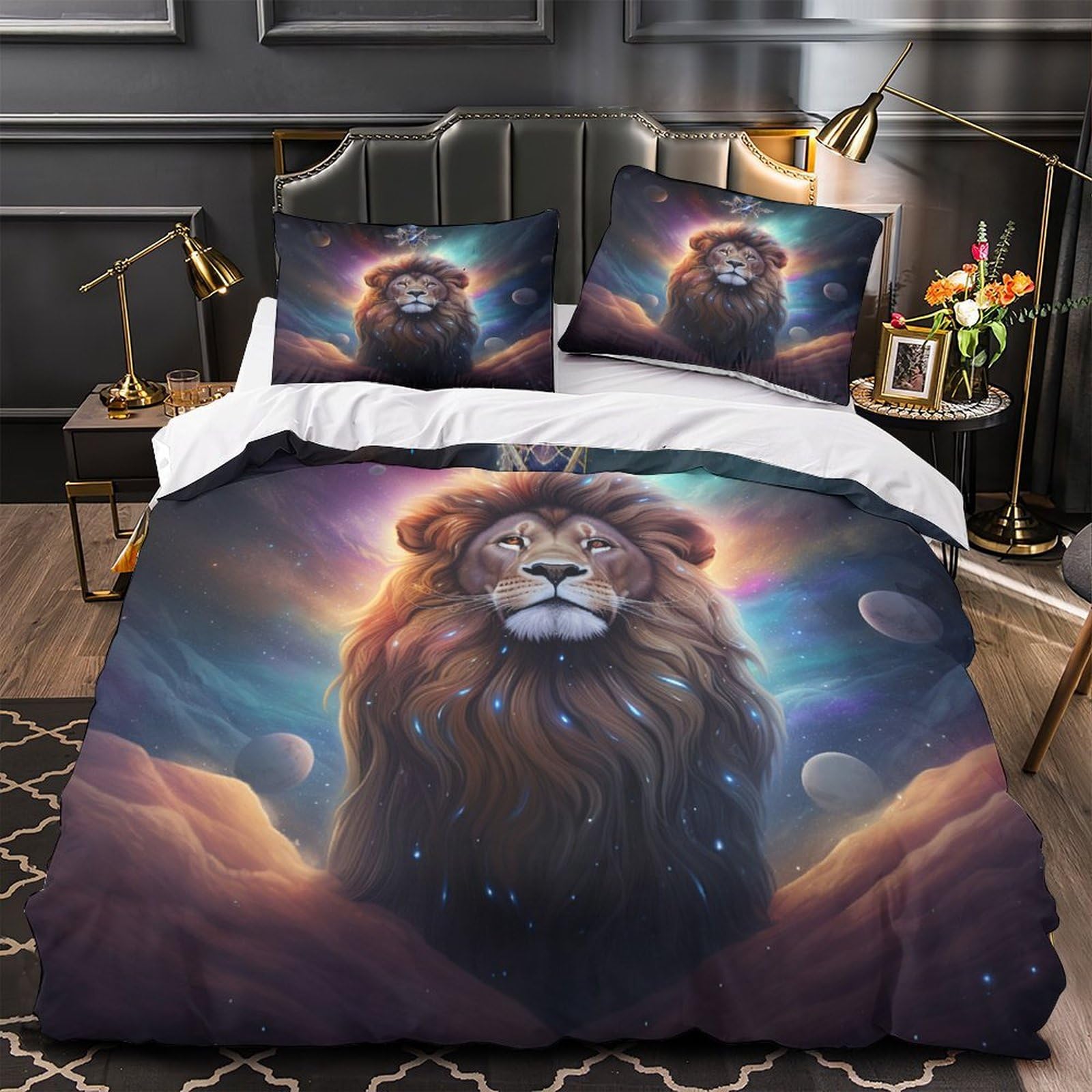 Housse de couette 140x200 lion parure de lit microfibre douce imprimé 3D fantastique ado single