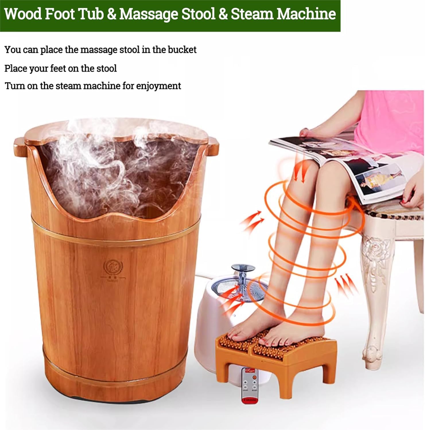 Vasca per pediluvio con macchina a vapore e sgabello da massaggio, secchio per pediluvio in legno di alta qualità per ammollo dei piedi, barili con coperchio, vasca per pedicure in legno di gomma