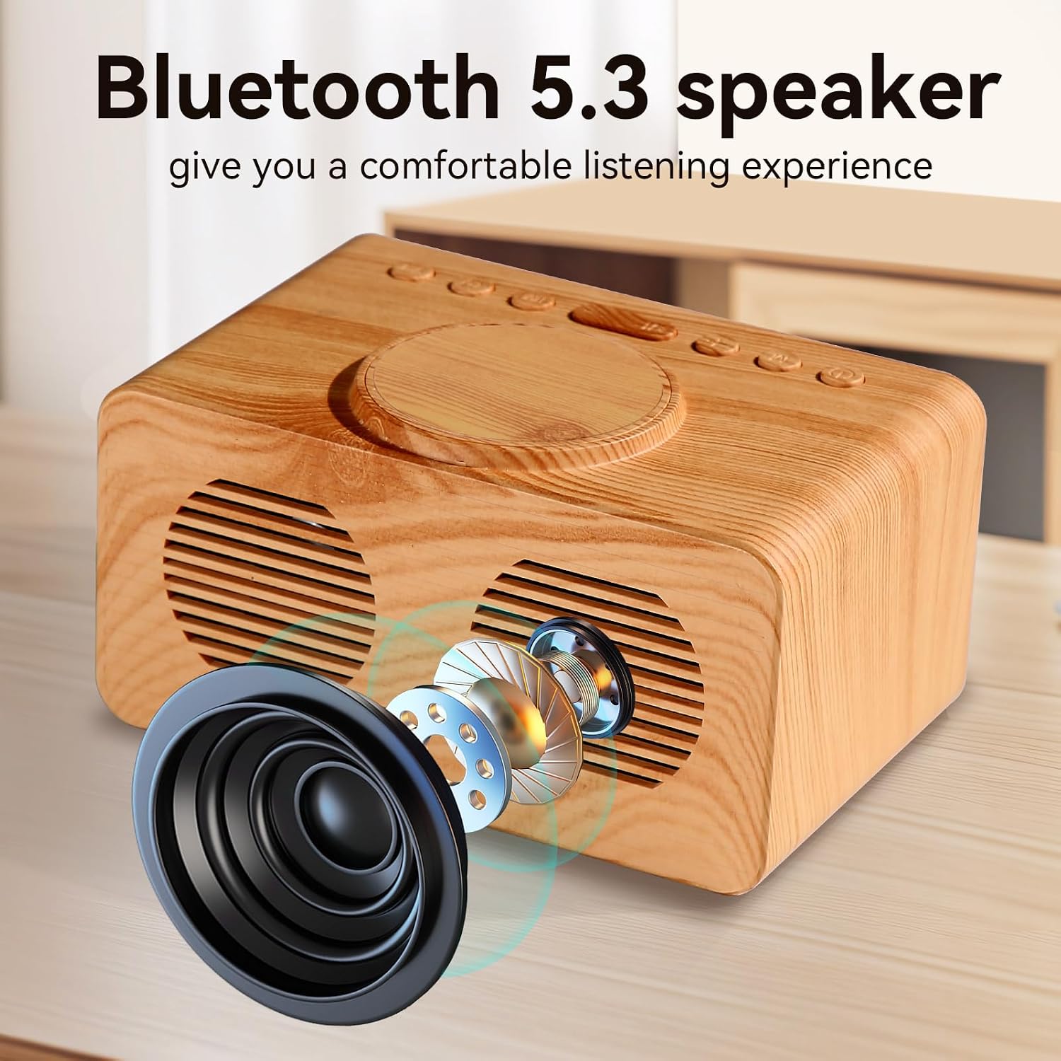 Bluetooth Alarm Clocks with Wireless Charging, 0-100% Dimmer LED Night Light, 2 Alarm Settings, 12/24H, 9 Mins Snooze, Wooden Digital Alarm Clock for Bedrooms, Office, Travel (Wood Grain)