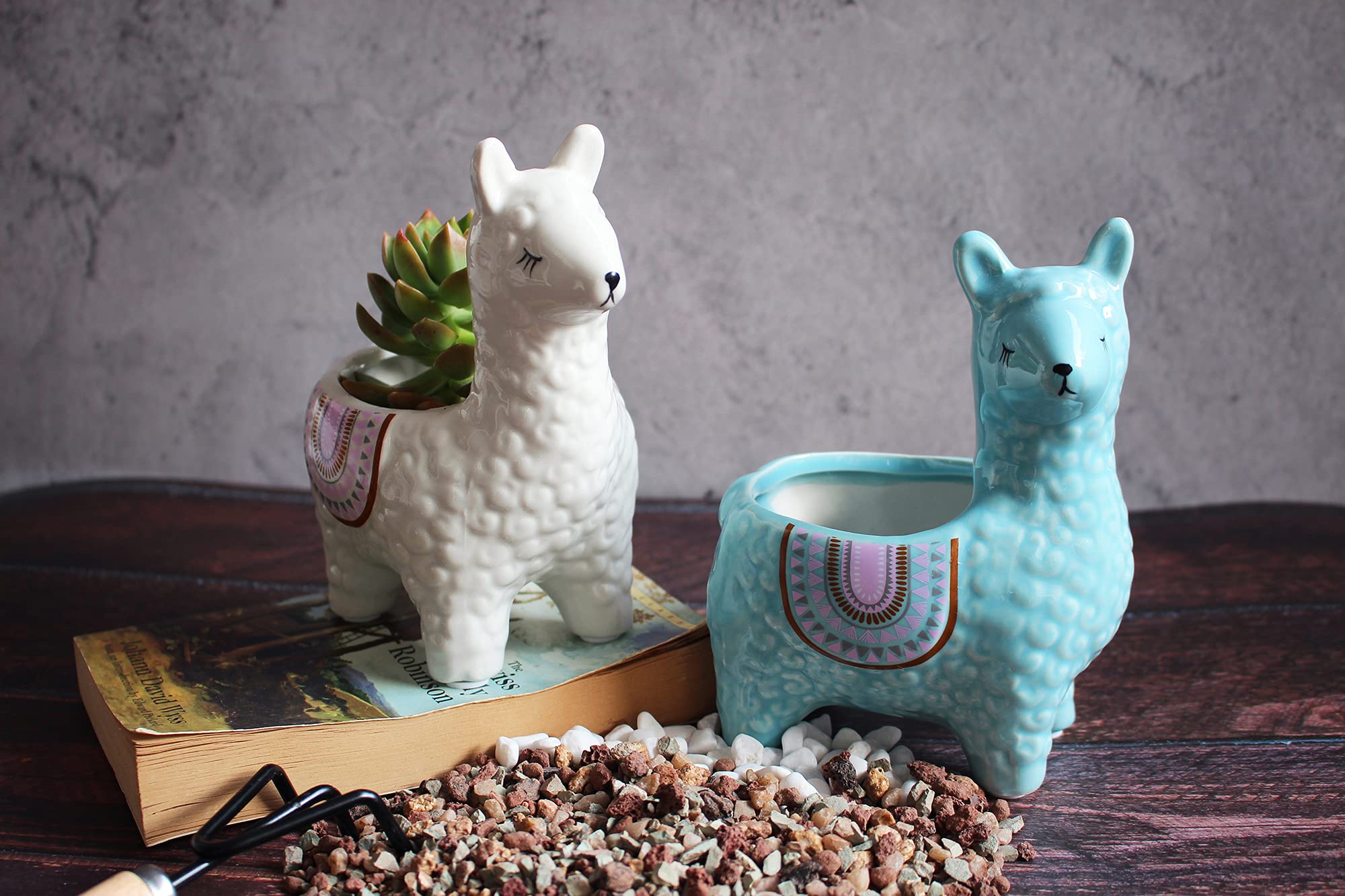 Set Di 2 Vasi In Ceramica Per Piante Grasse – Forma Di Alpaca Carini, Con Foro Di Drenaggio, Piccoli