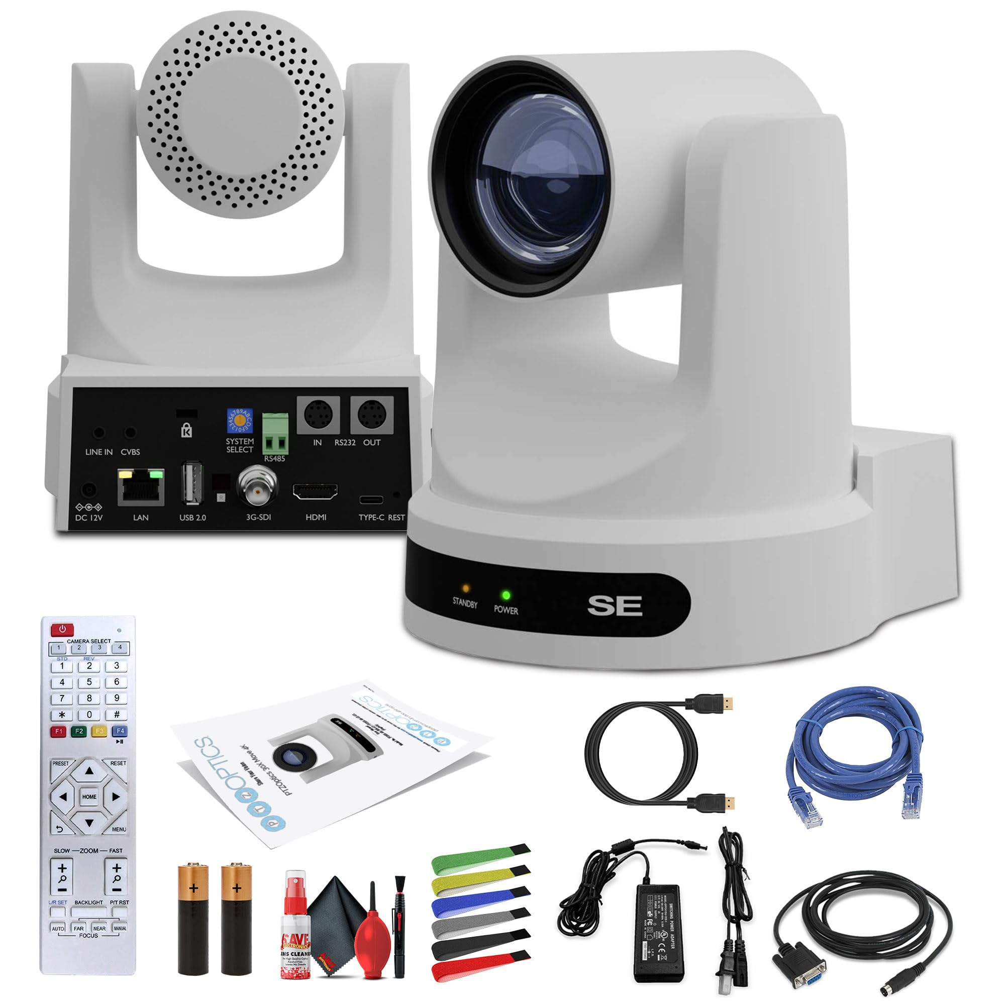 PTZOptics Move SE SDI/HDMI/USB/IP PTZ Camera with 30x Optical Zoom (White) (PT30X-SE-WH-G3) + Lens Cleaning Kit + HDMI Cable + Ethernet Cable + Color Wire Ties