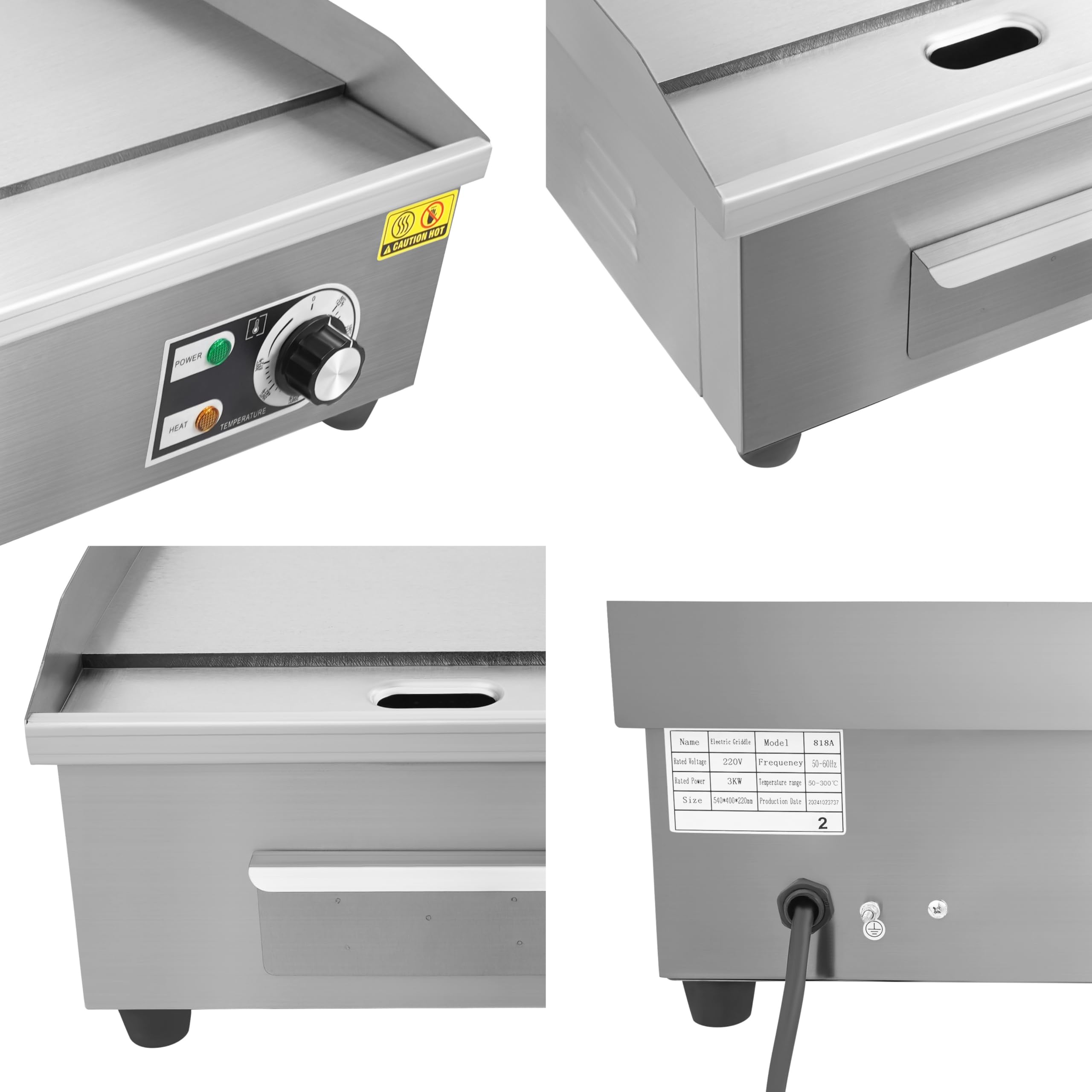 Elektryczna płyta grillowa 55 x 43 x 24 cm, z rur grzewczych 3000 W, kontrola temperatury, elektryczny grill stołowy (50-300 ℃), komercyjny grill elektryczny, półpłaski grill roboczy